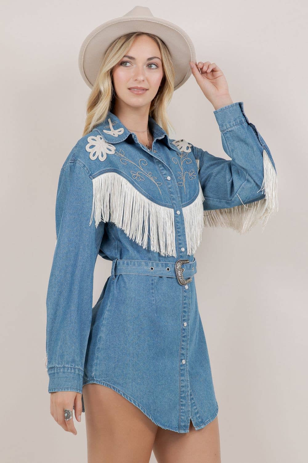 EMBROIDERY DETAIL FRINGE DENIM DRESS