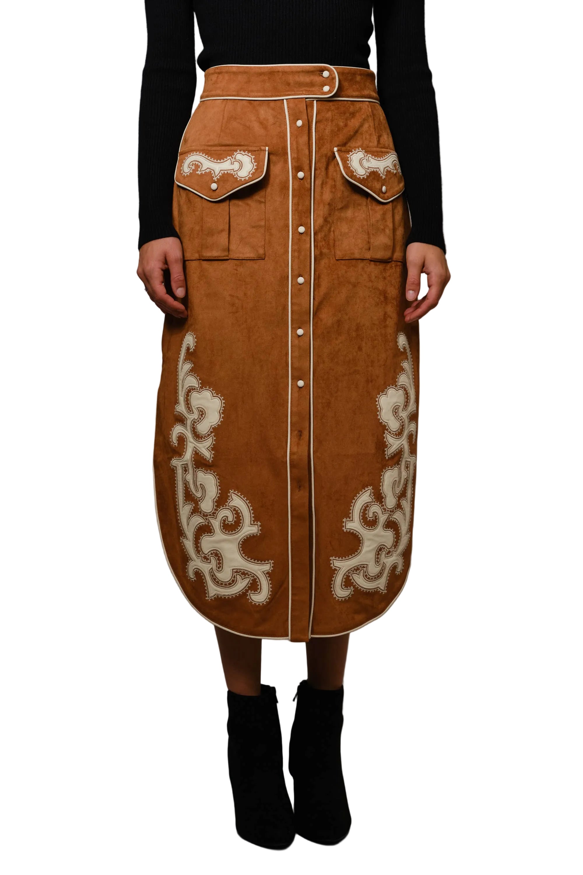 Suede Embroidered Patch Midi Skirt