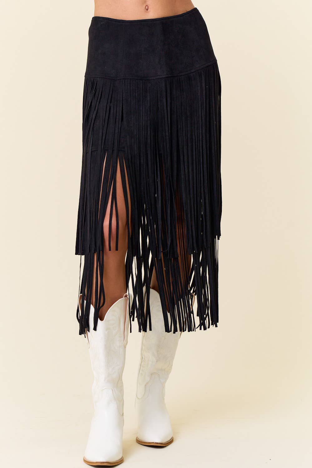 BLACK TIERED FAUX SUEDE FRINGE MIDI SKIRT