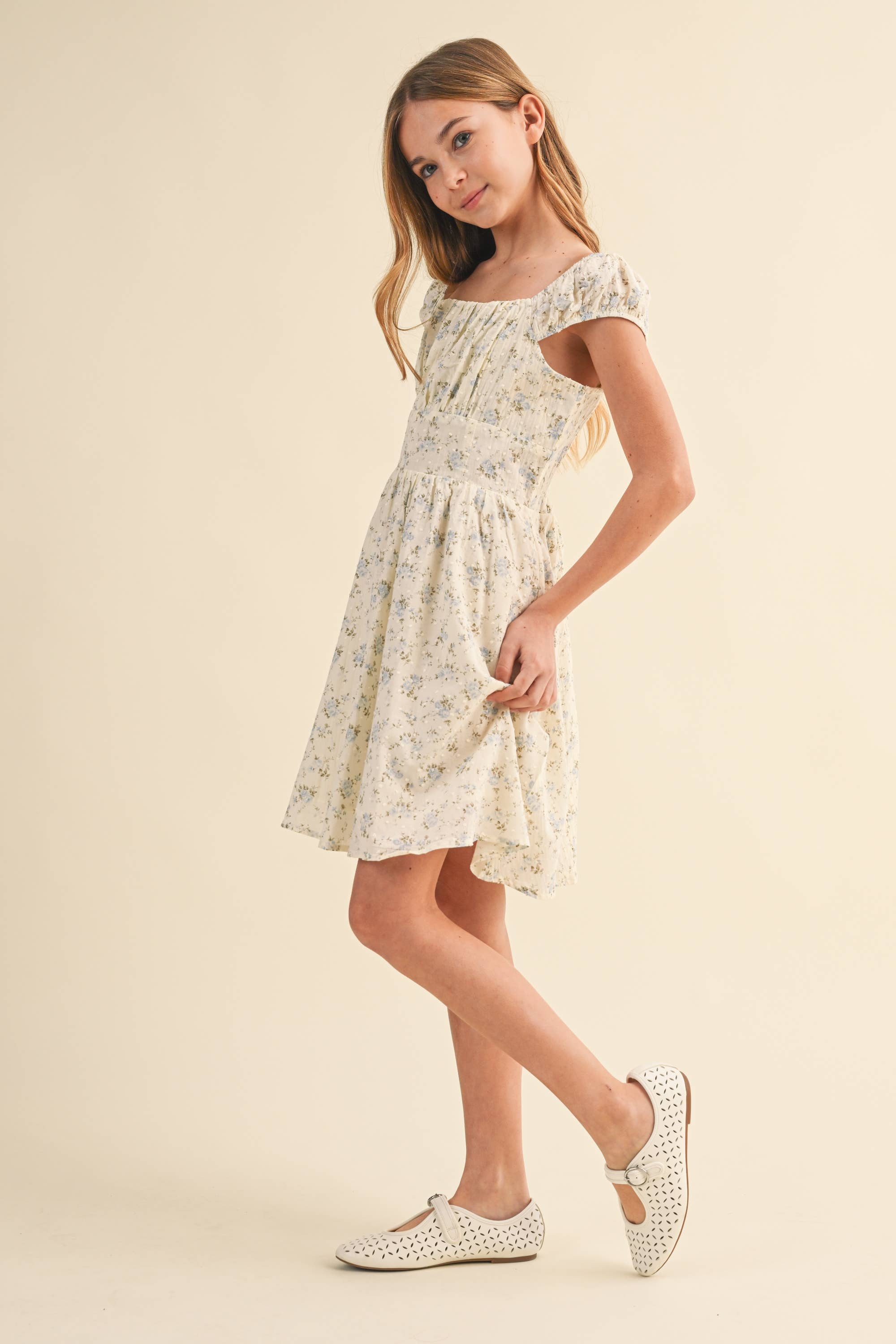 Heart and Arrow Girls Ruched Shoulder Mini Dress