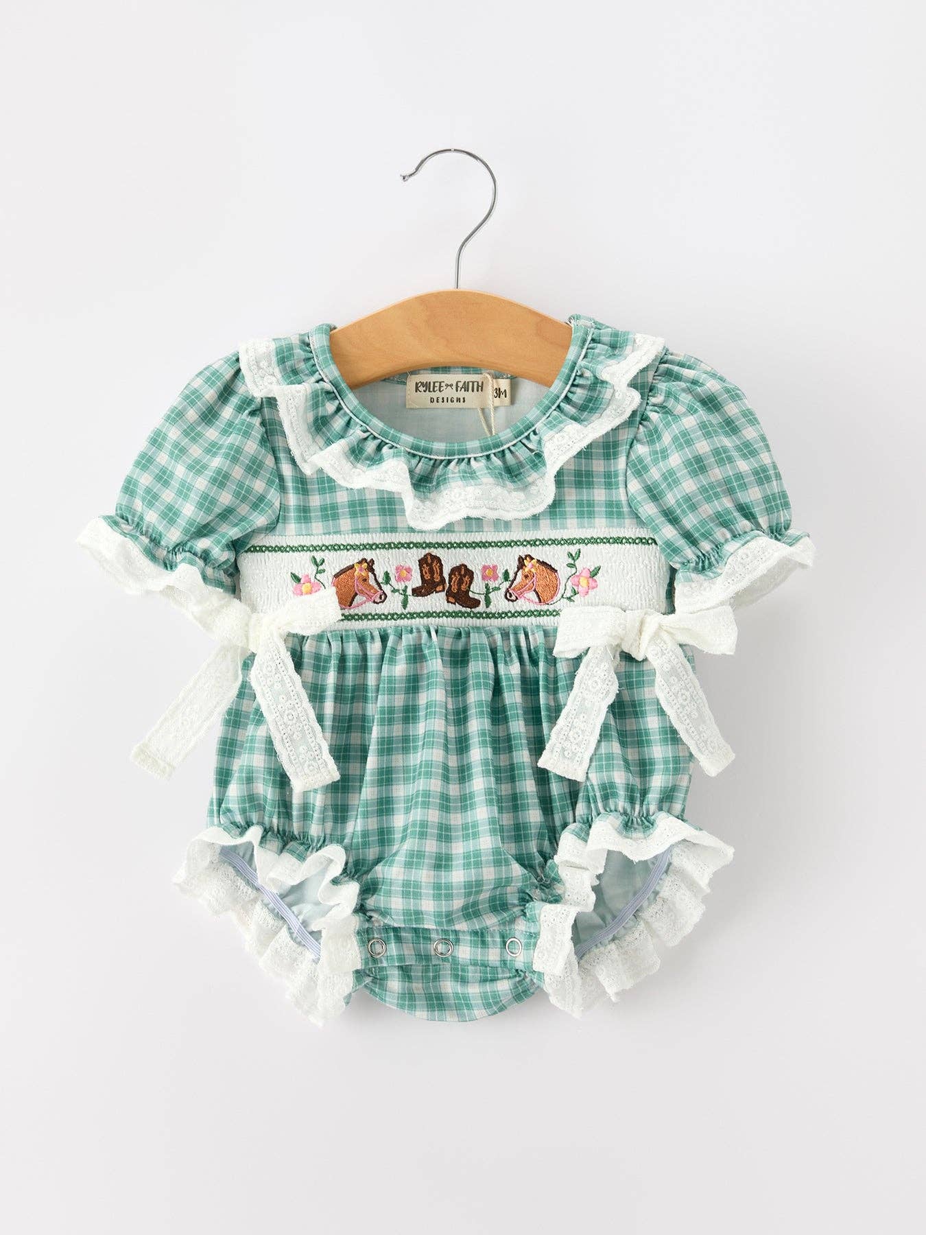 Rylee Faith Designs Western Plaid Horse Embroidered Girl Bubble Romper