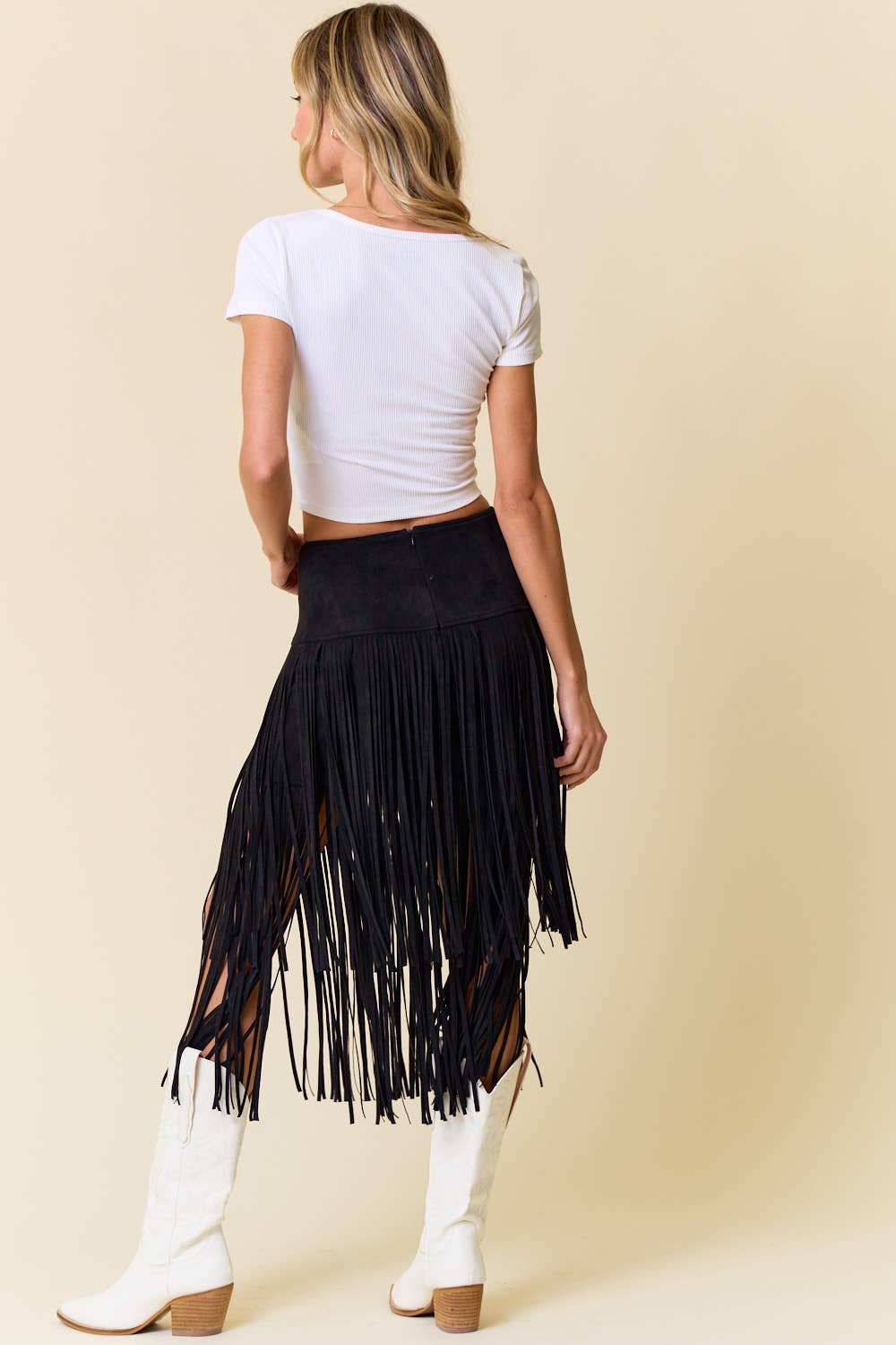 BLACK TIERED FAUX SUEDE FRINGE MIDI SKIRT