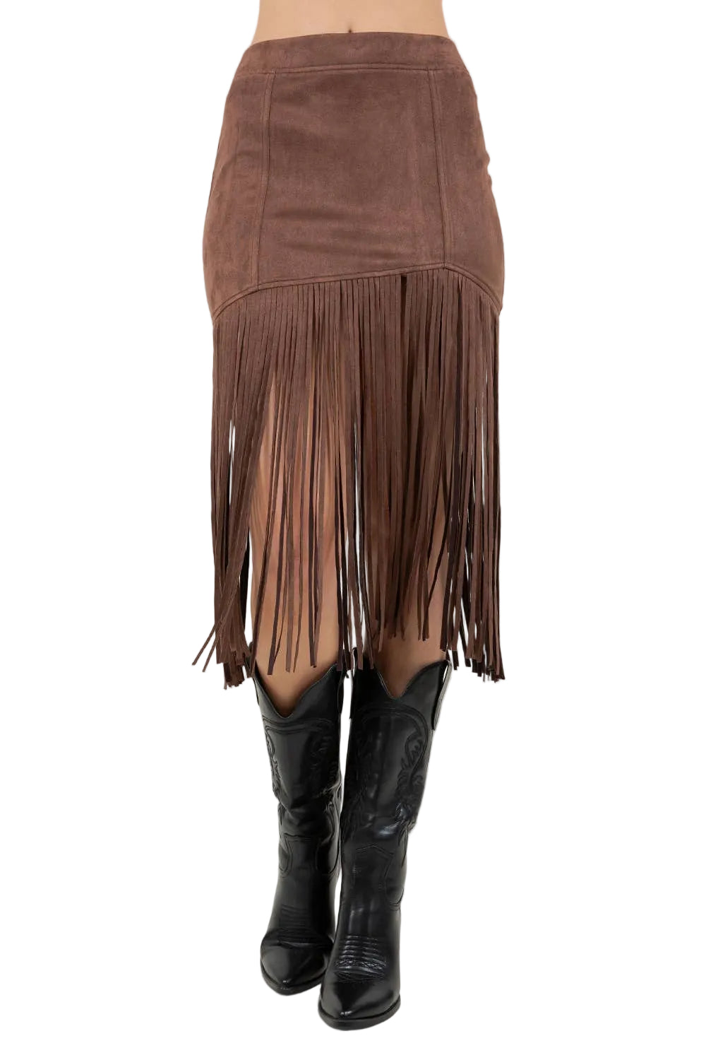 CHOCOLATE FRINGED FAUX SUEDE SKIRT