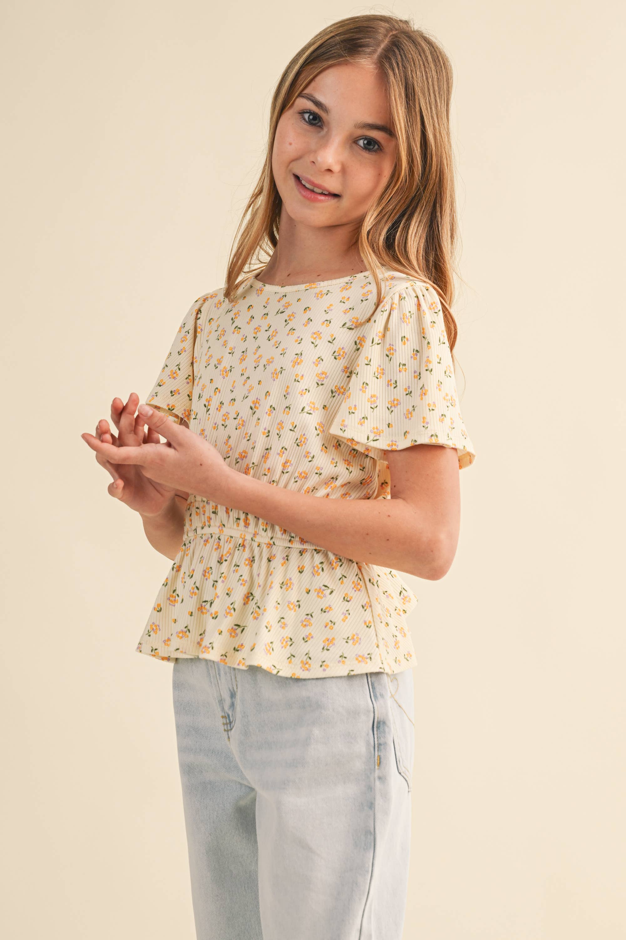 Heart and Arrow Kids Girls Round Neck Flutter Slv Peplum Top