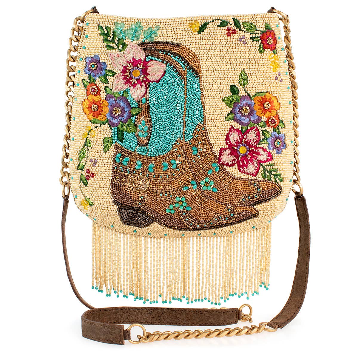 Mary Frances Beaded Cowboy Boots and Flowers Crossbody Handbag
