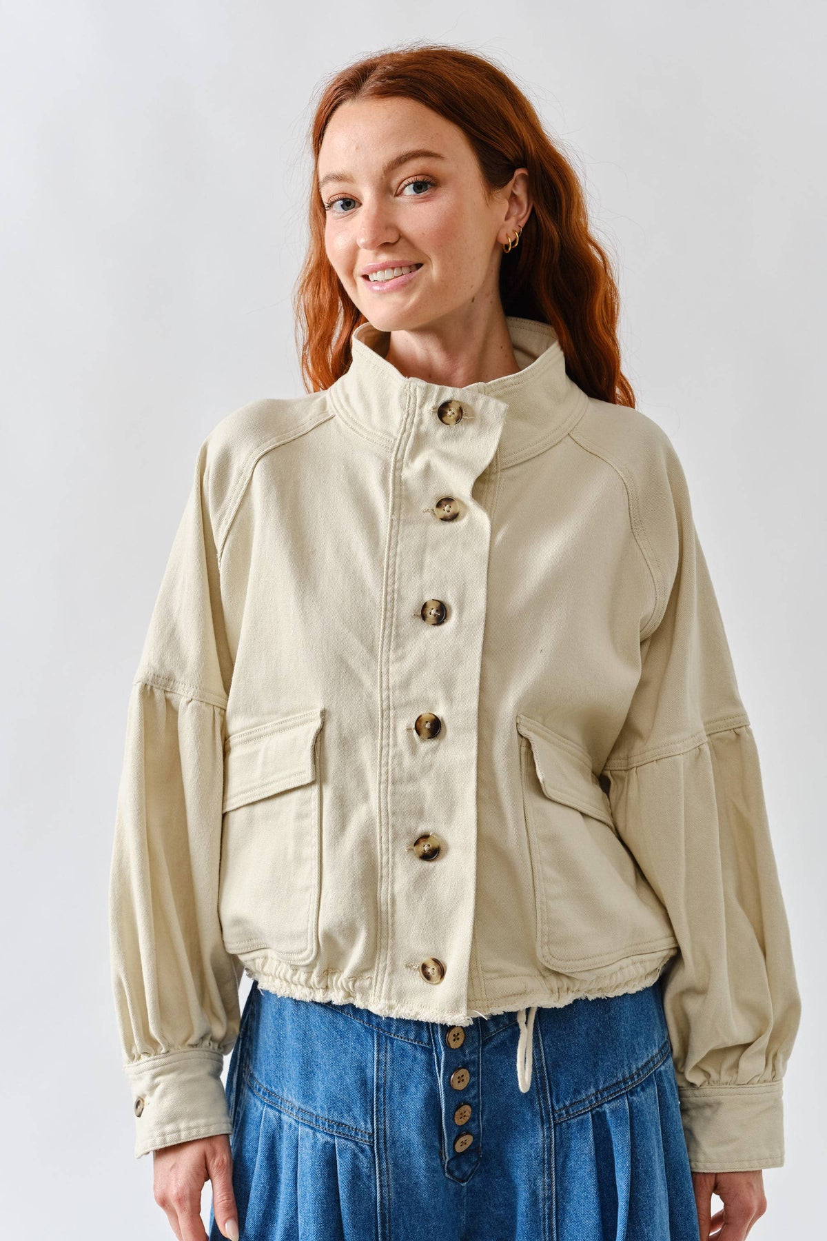 Aaron & Amber Ballon Sleeve Twill Jacket Drawstring Waist