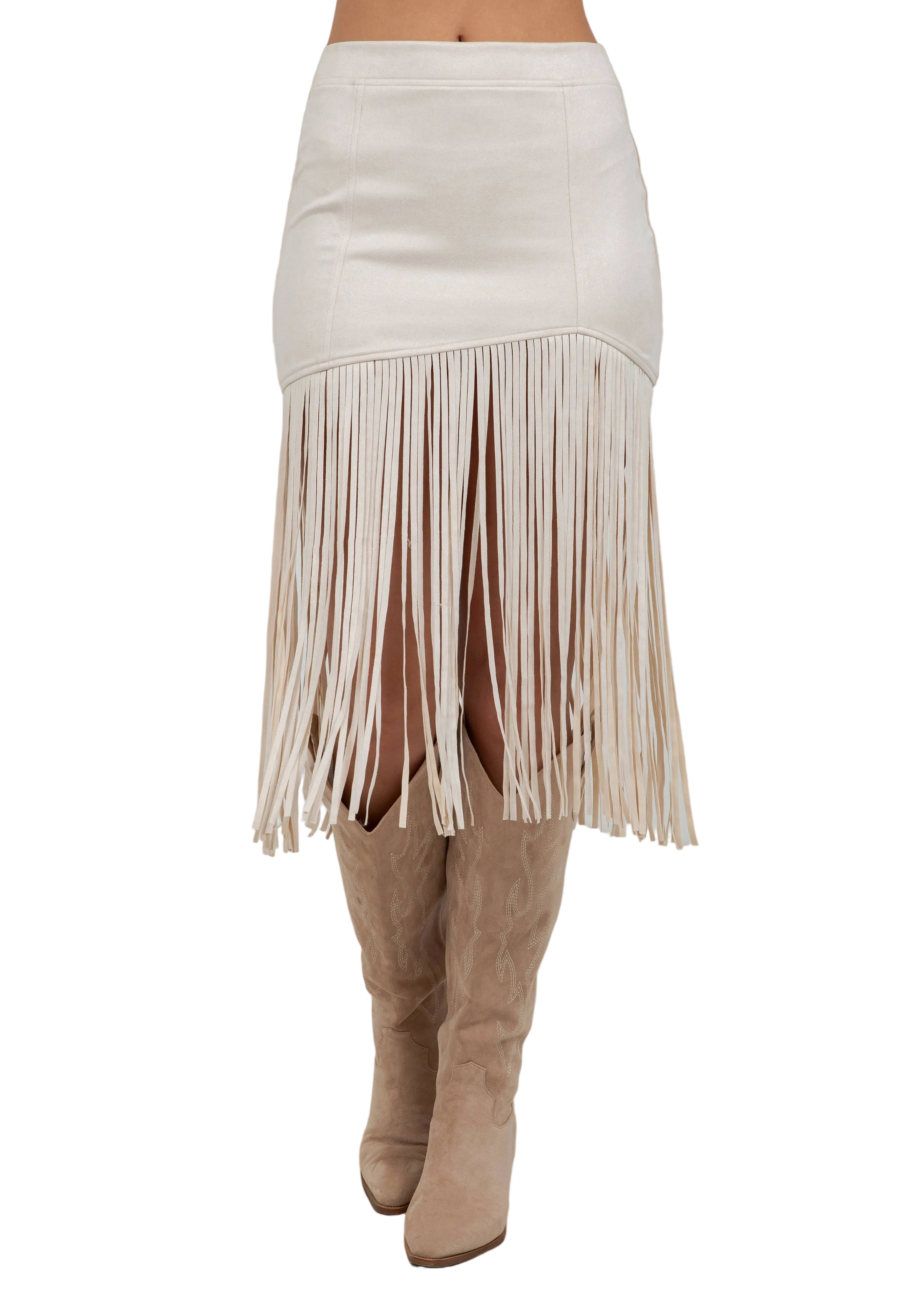CREAM FRINGED FAUX SUEDE SKIRT