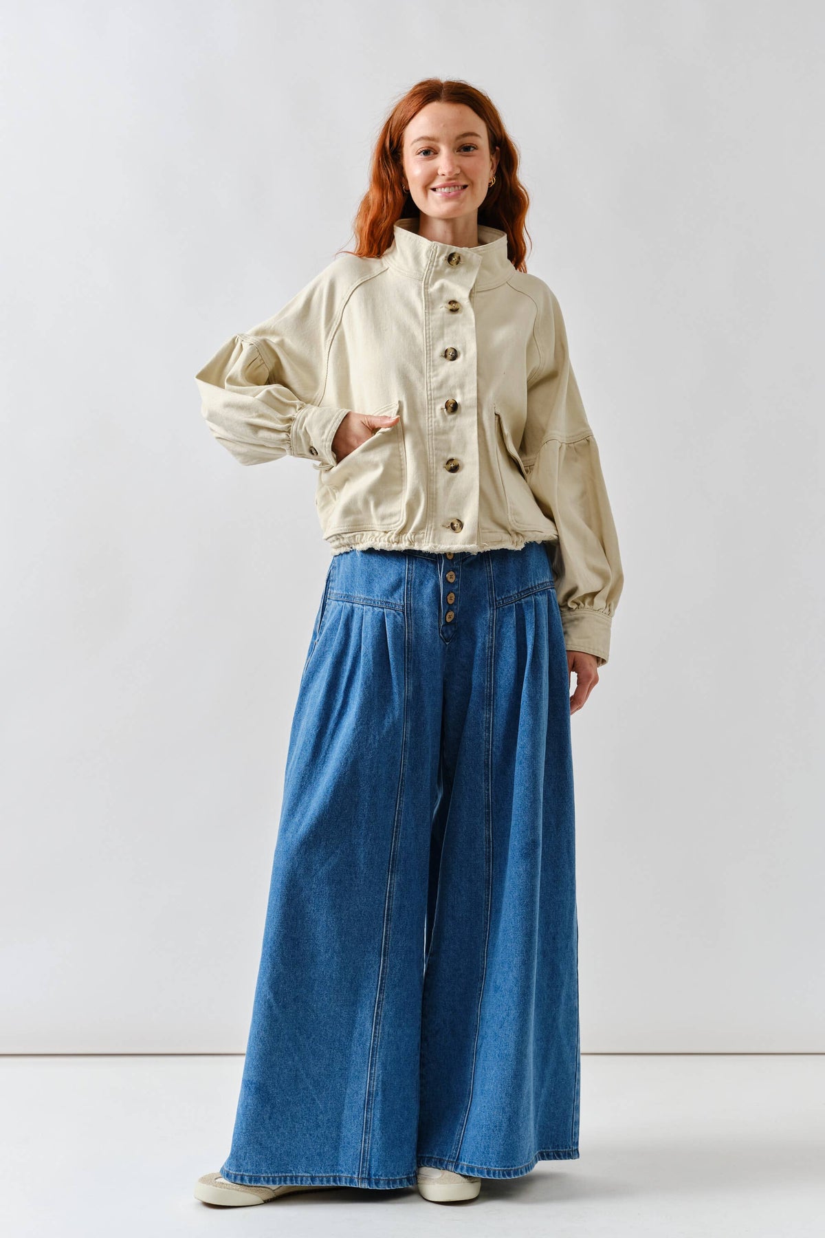 Aaron & Amber Ballon Sleeve Twill Jacket Drawstring Waist