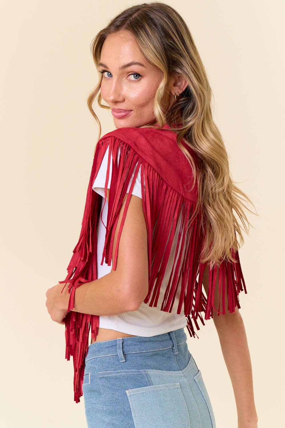 RED TRENDY WESTERN FRINGE SUEDE COLLAR / SHRUG