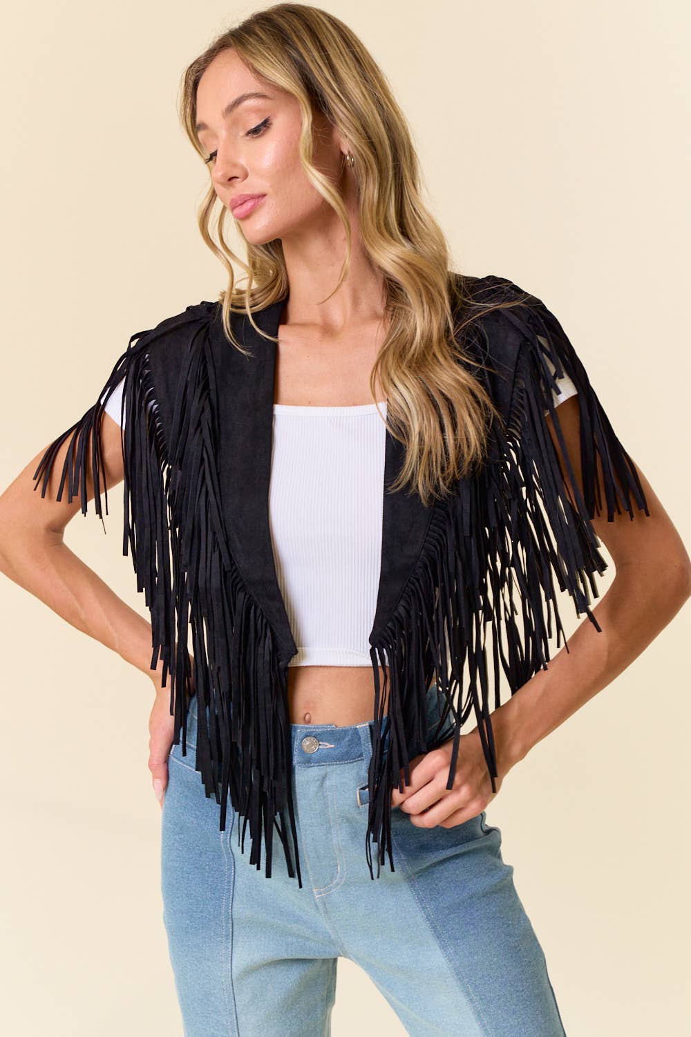 Saints & Hearts Black Fringe Suede Collar Shrug