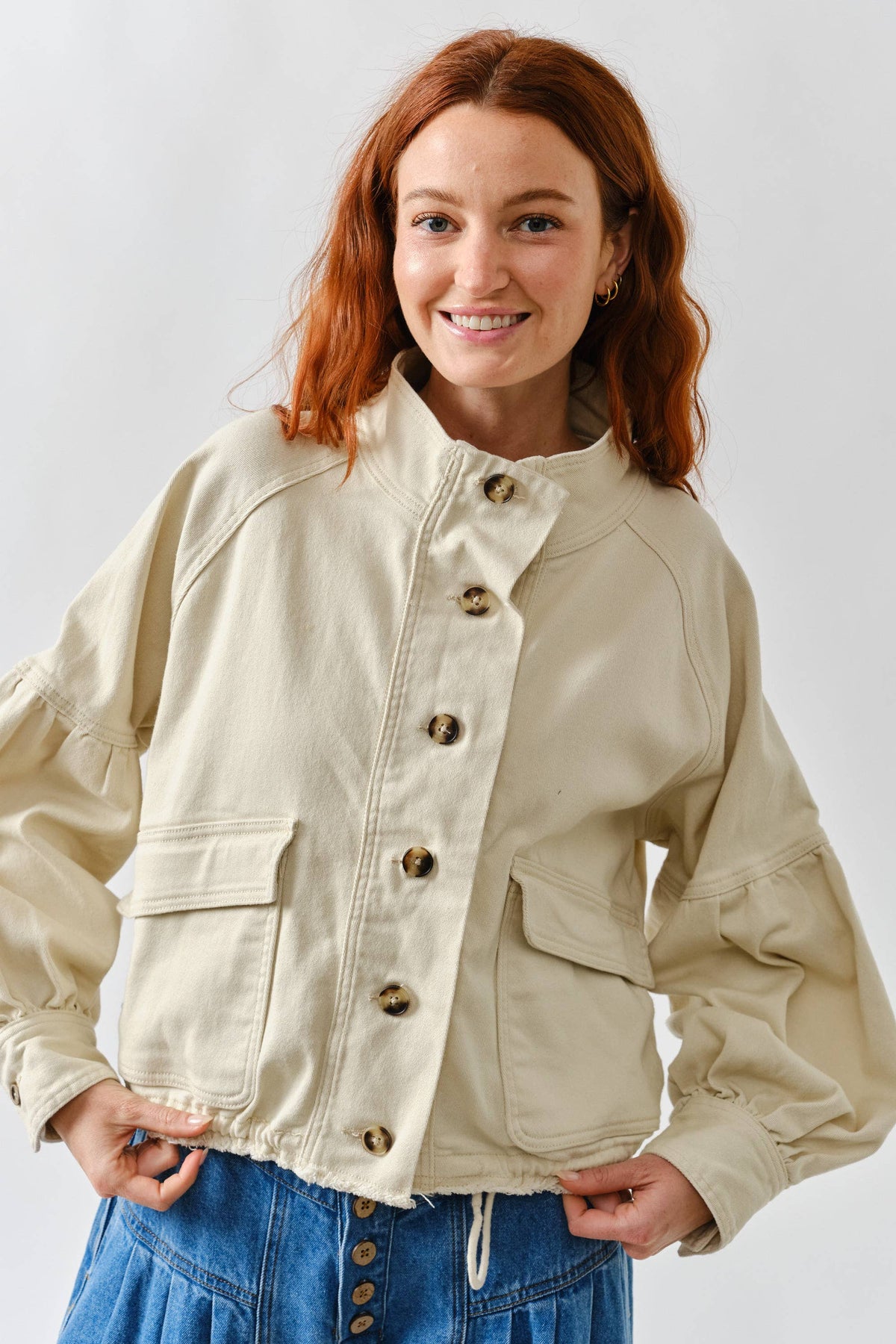 Aaron & Amber Ballon Sleeve Twill Jacket Drawstring Waist