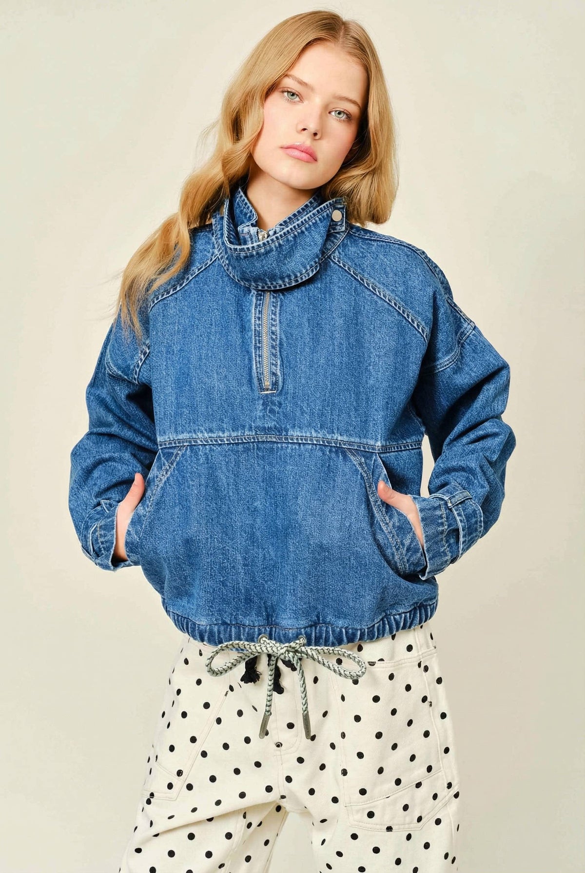 Aaron & Amber PULLOVER DRAWSTRING HEM DENIM JACKET