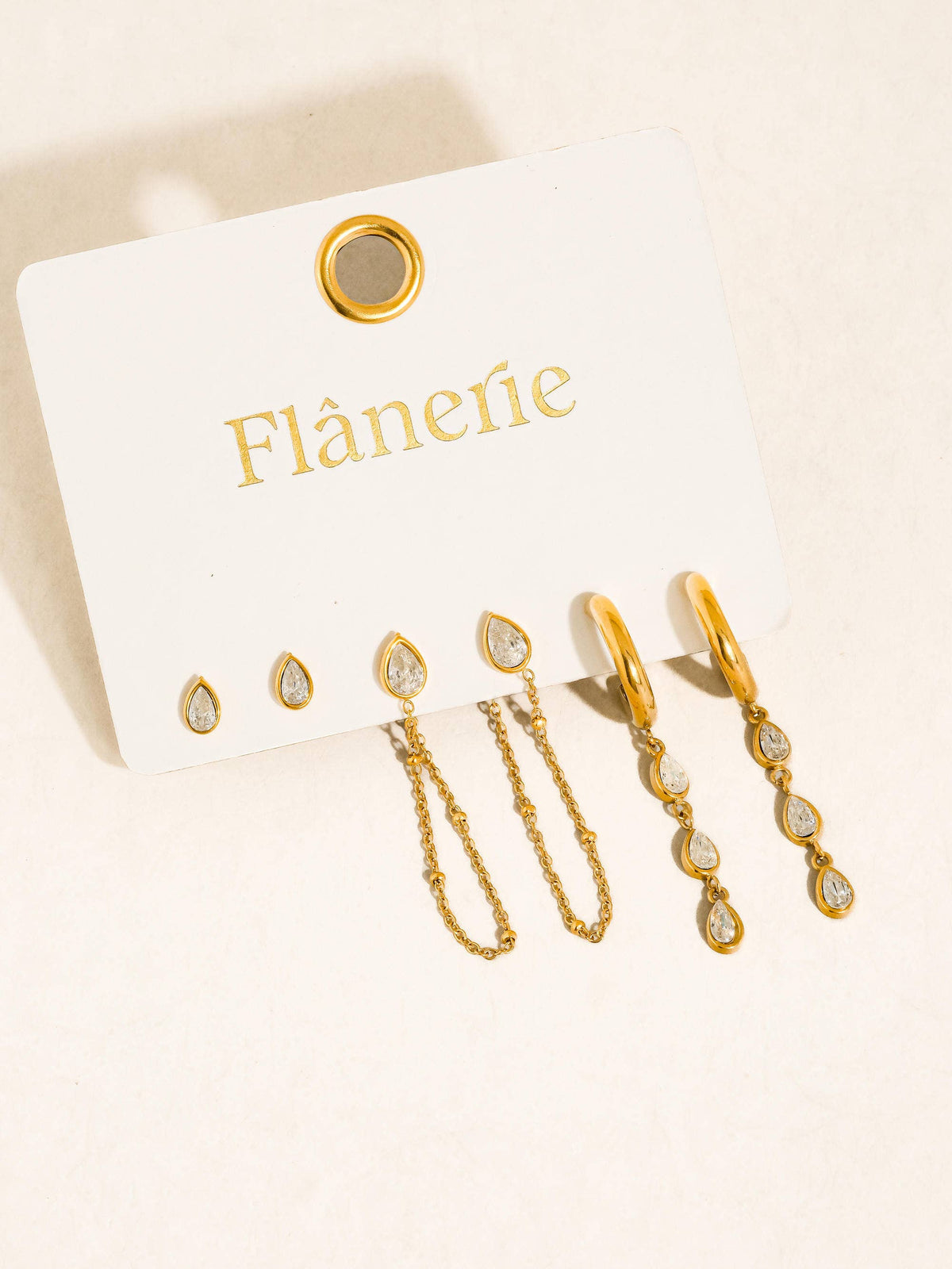 Flanerie Finley 18K Gold Non-Tarnish CZ Chain Drop Earring Sets