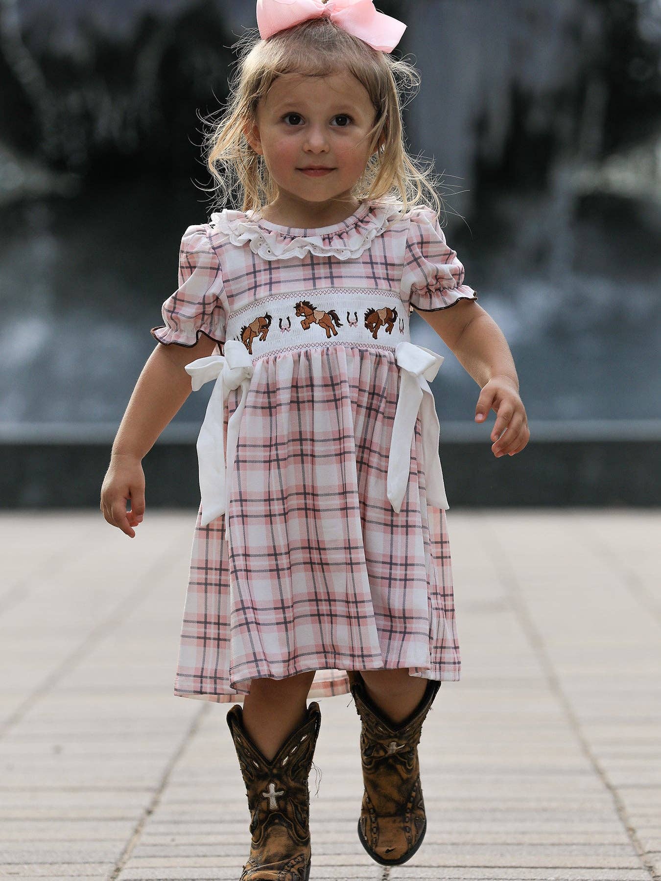 Rylee Faith Designs Western Horse Embroidered Smocked Plaid Girls Dress
