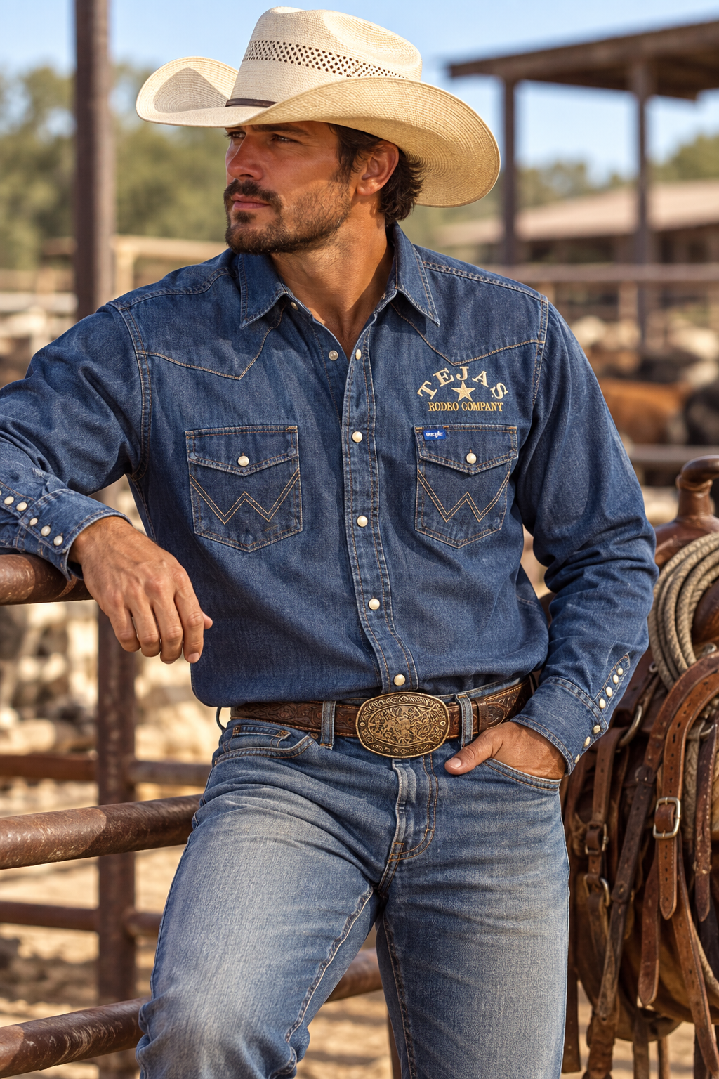 Tejas Rodeo X Wrangler Men's Denim Long Sleeve Shirt