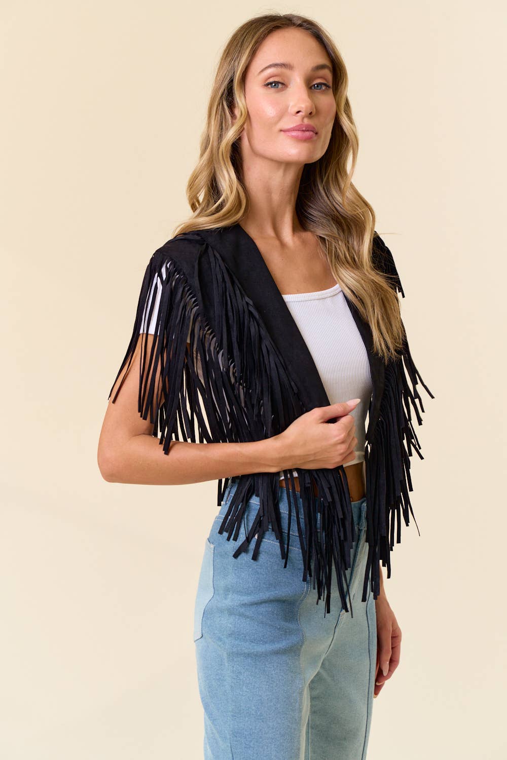 Saints & Hearts Black Fringe Suede Collar Shrug