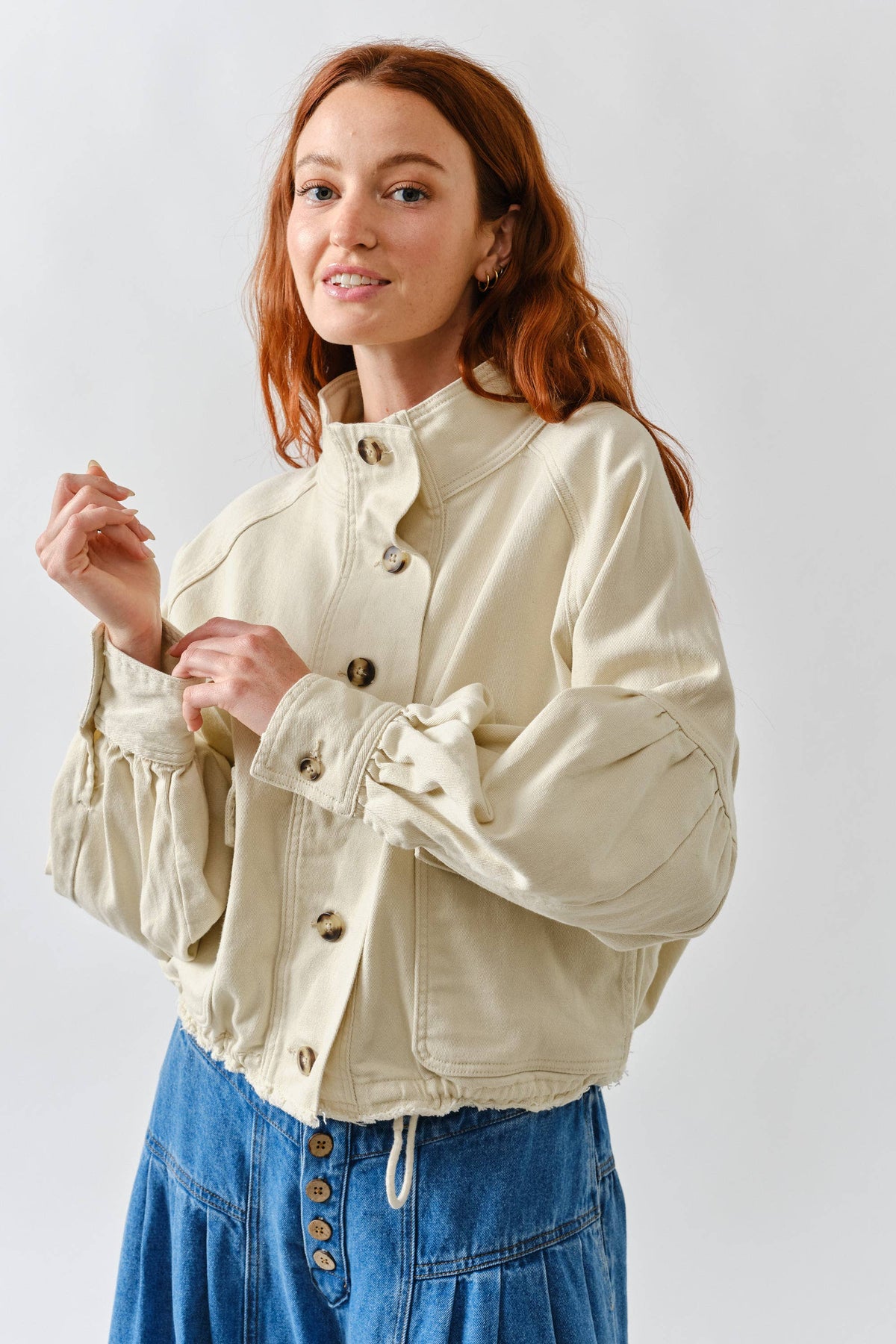 Aaron & Amber Ballon Sleeve Twill Jacket Drawstring Waist