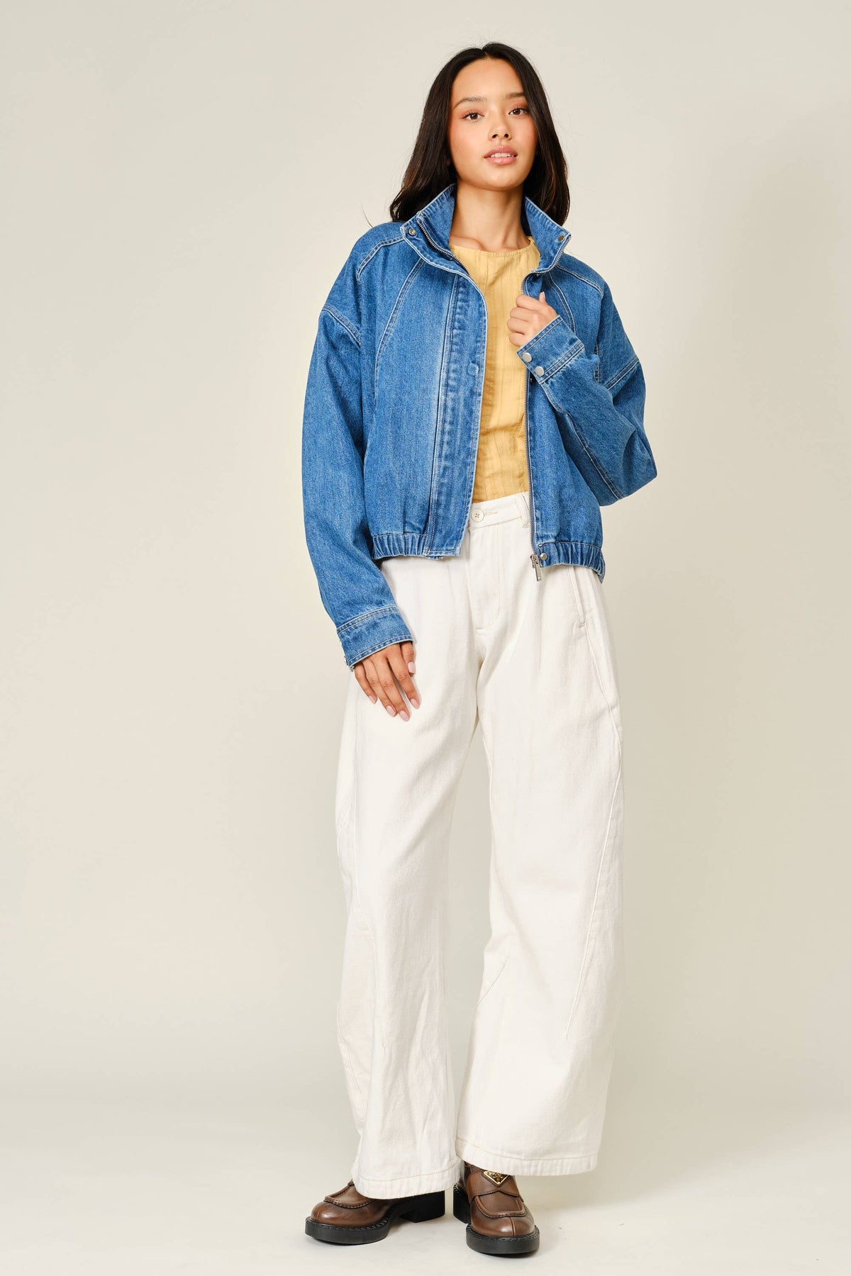Aaron & Amber WASHED DENIM FUNNEL BOMBER JACKET