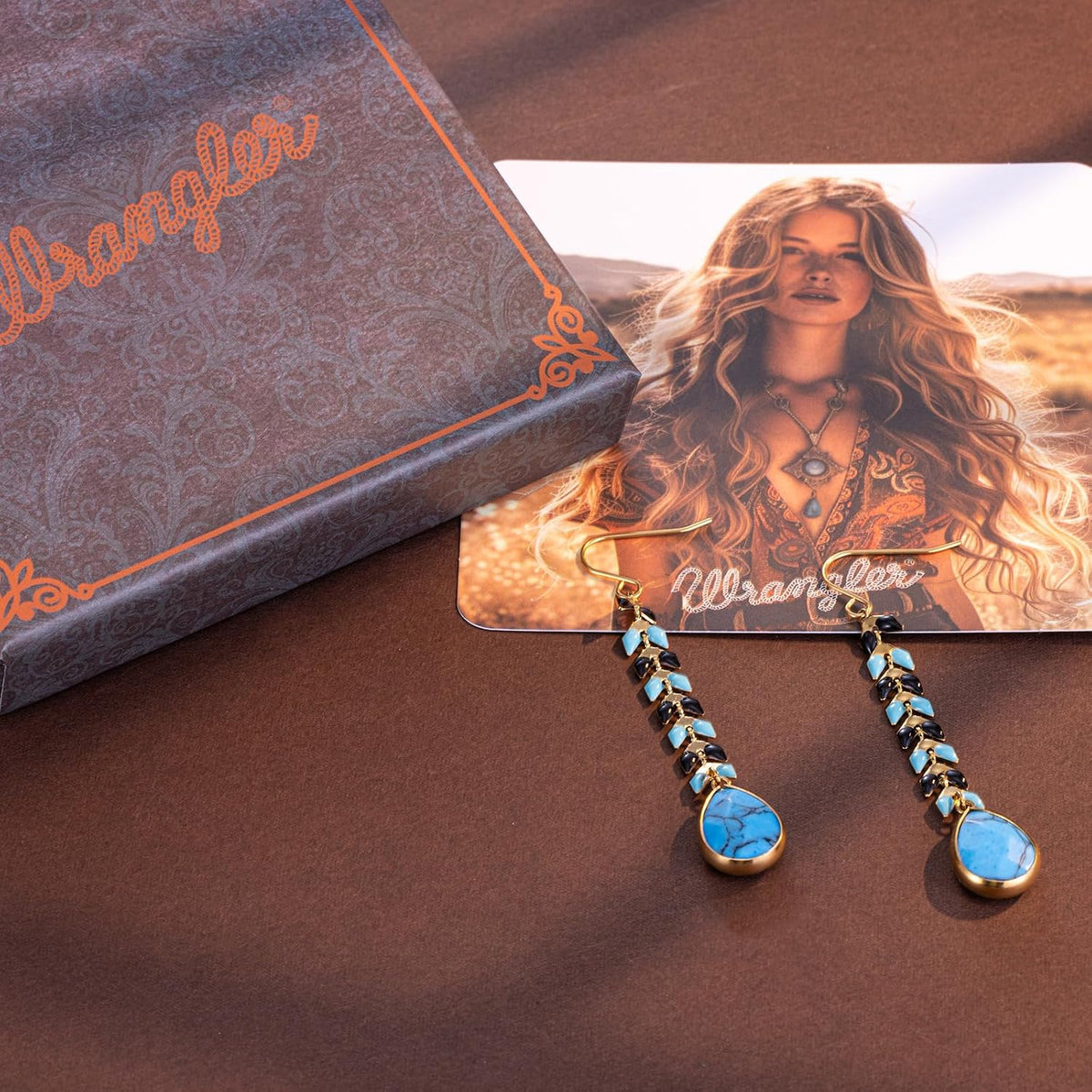 Wrangler Gold Western Dangle Drop Earrings in Turquoise