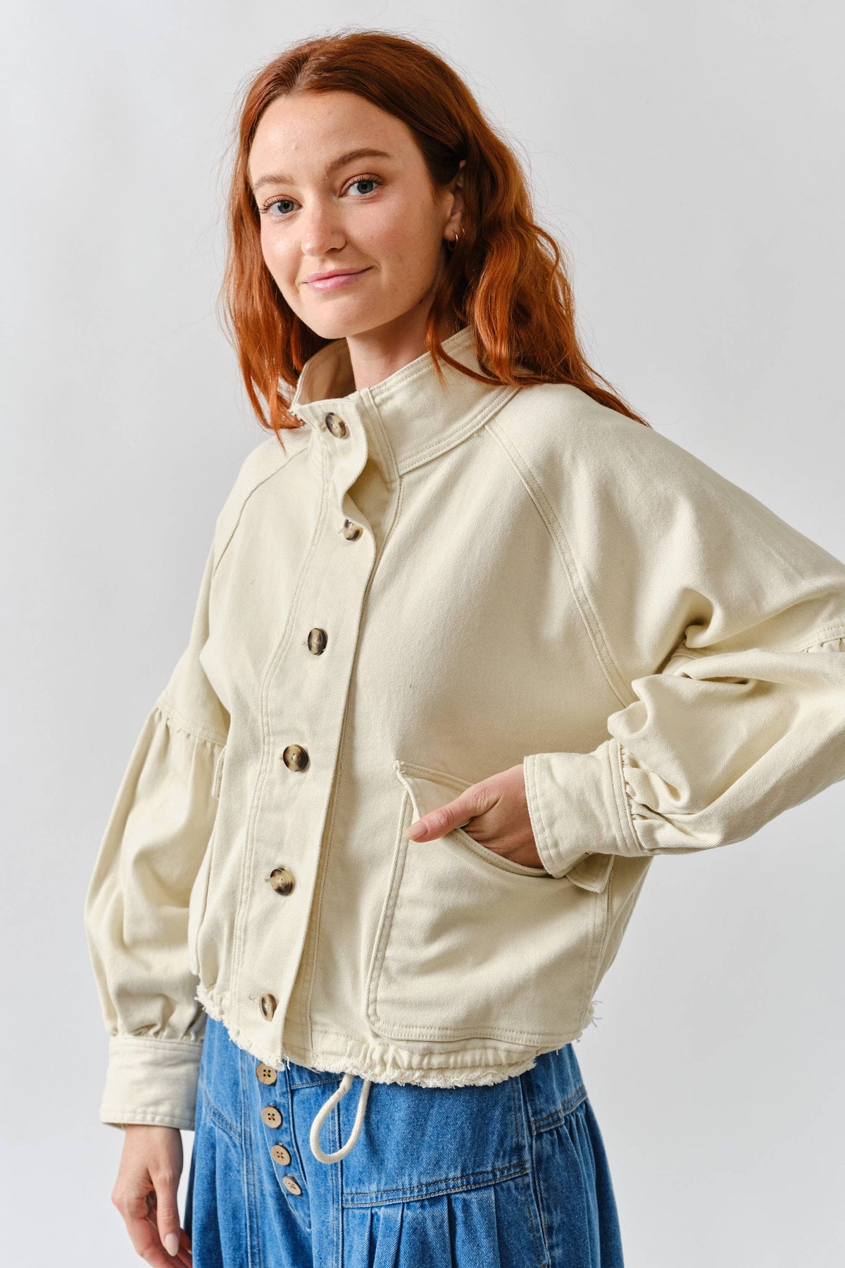 Aaron & Amber Ballon Sleeve Twill Jacket Drawstring Waist