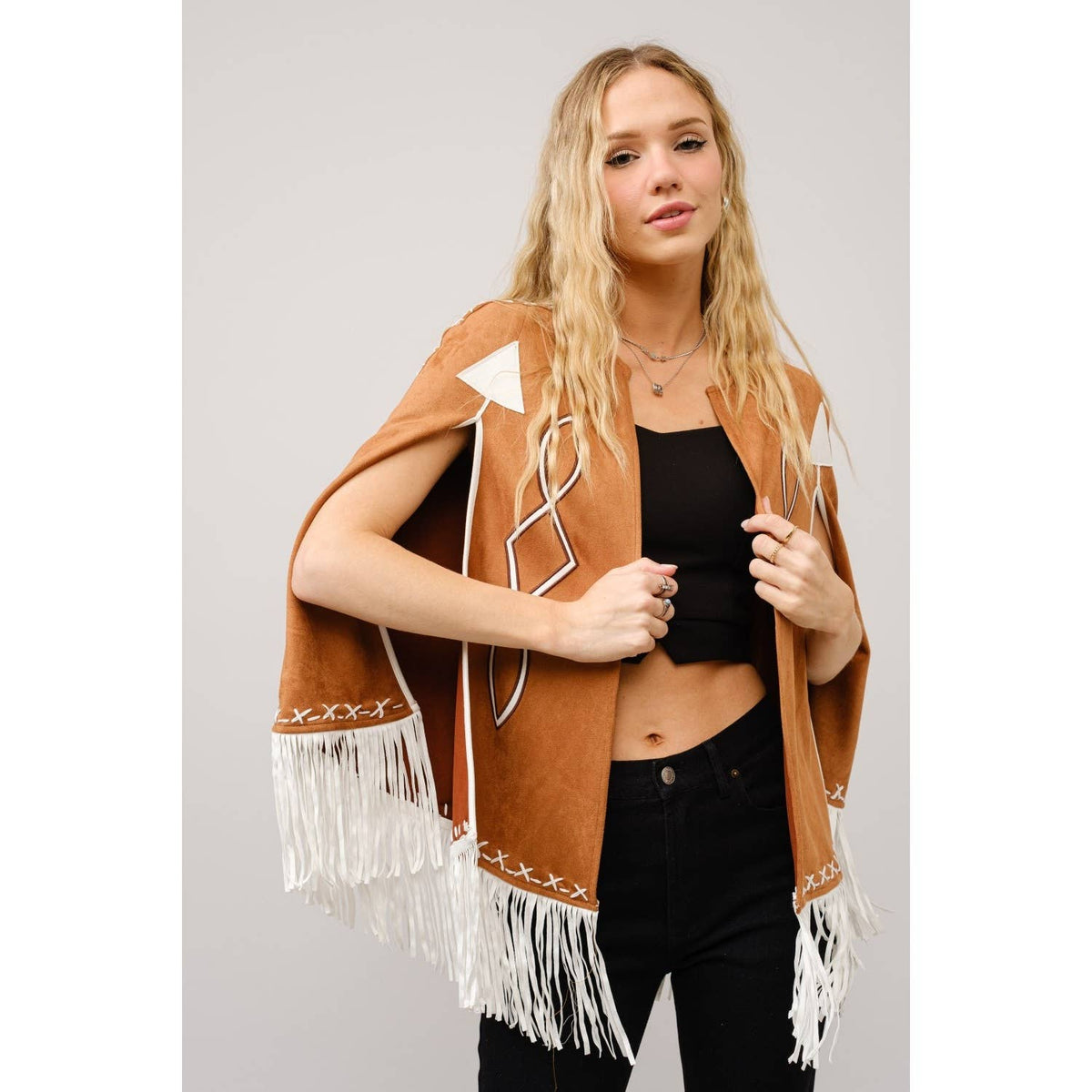 Blue B Fringe Open Cape Jacket
