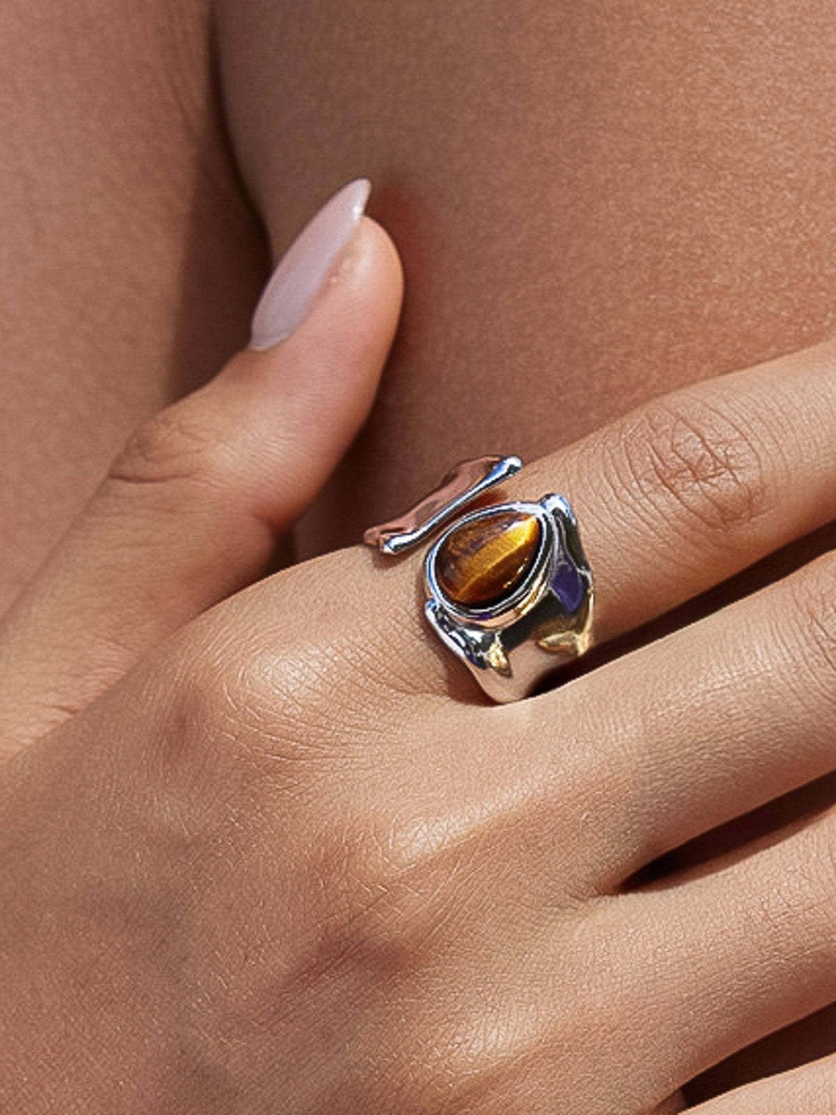 Flanerie Jaspe Silver Non-Tarnish Tiger Eye Statement Ring