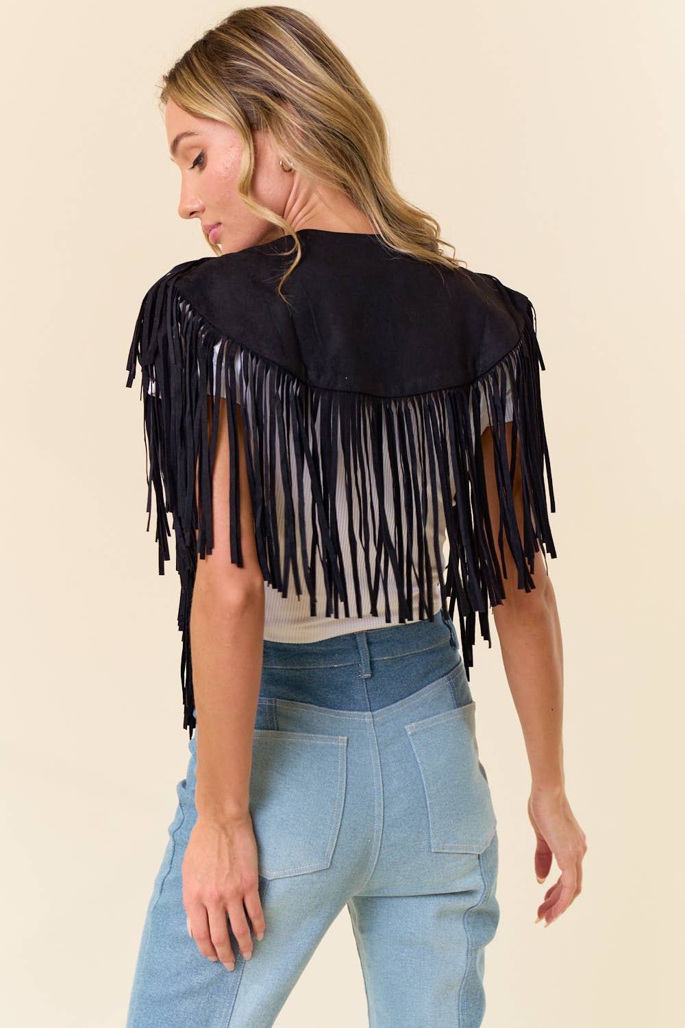 Saints & Hearts Black Fringe Suede Collar Shrug