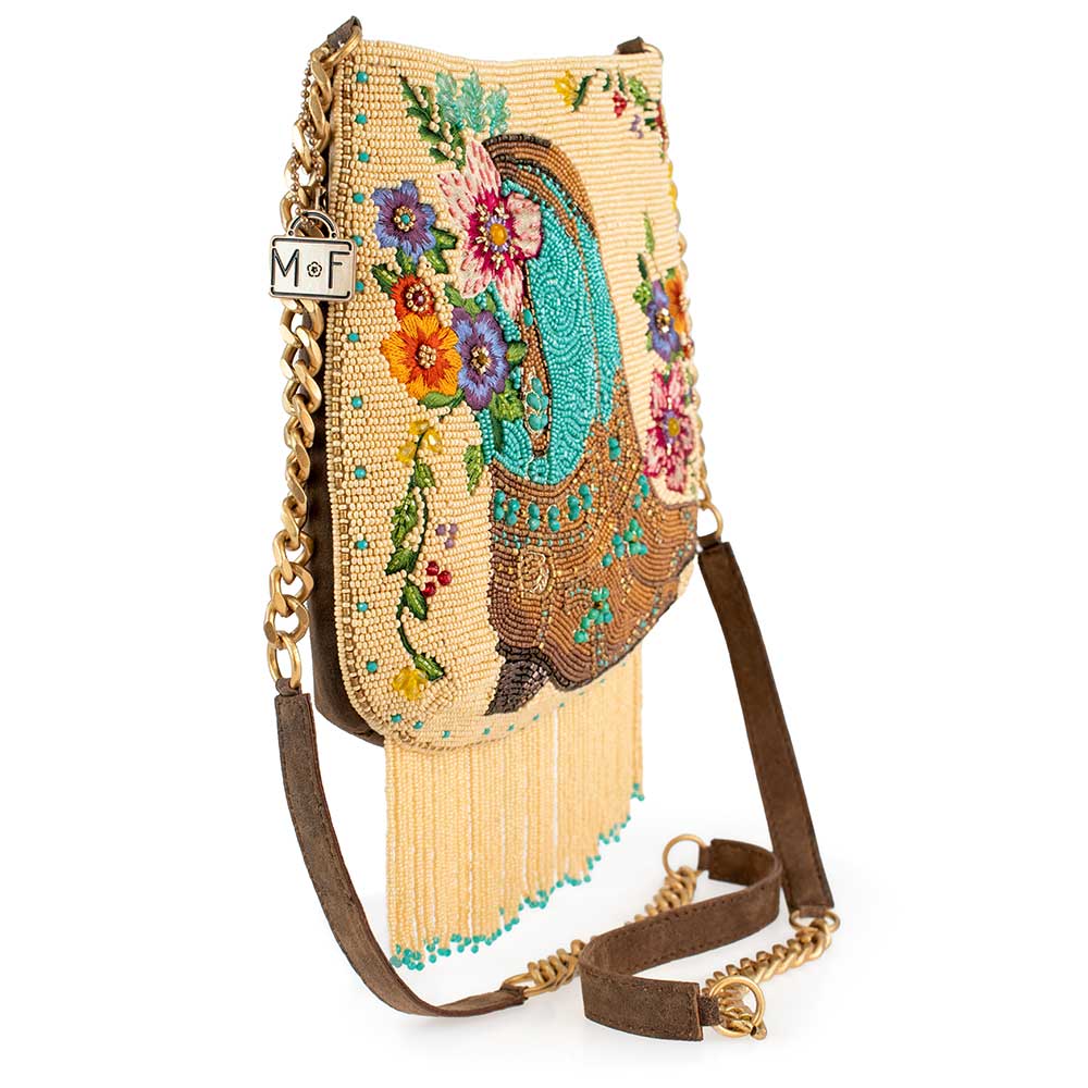 Mary Frances Beaded Cowboy Boots and Flowers Crossbody Handbag