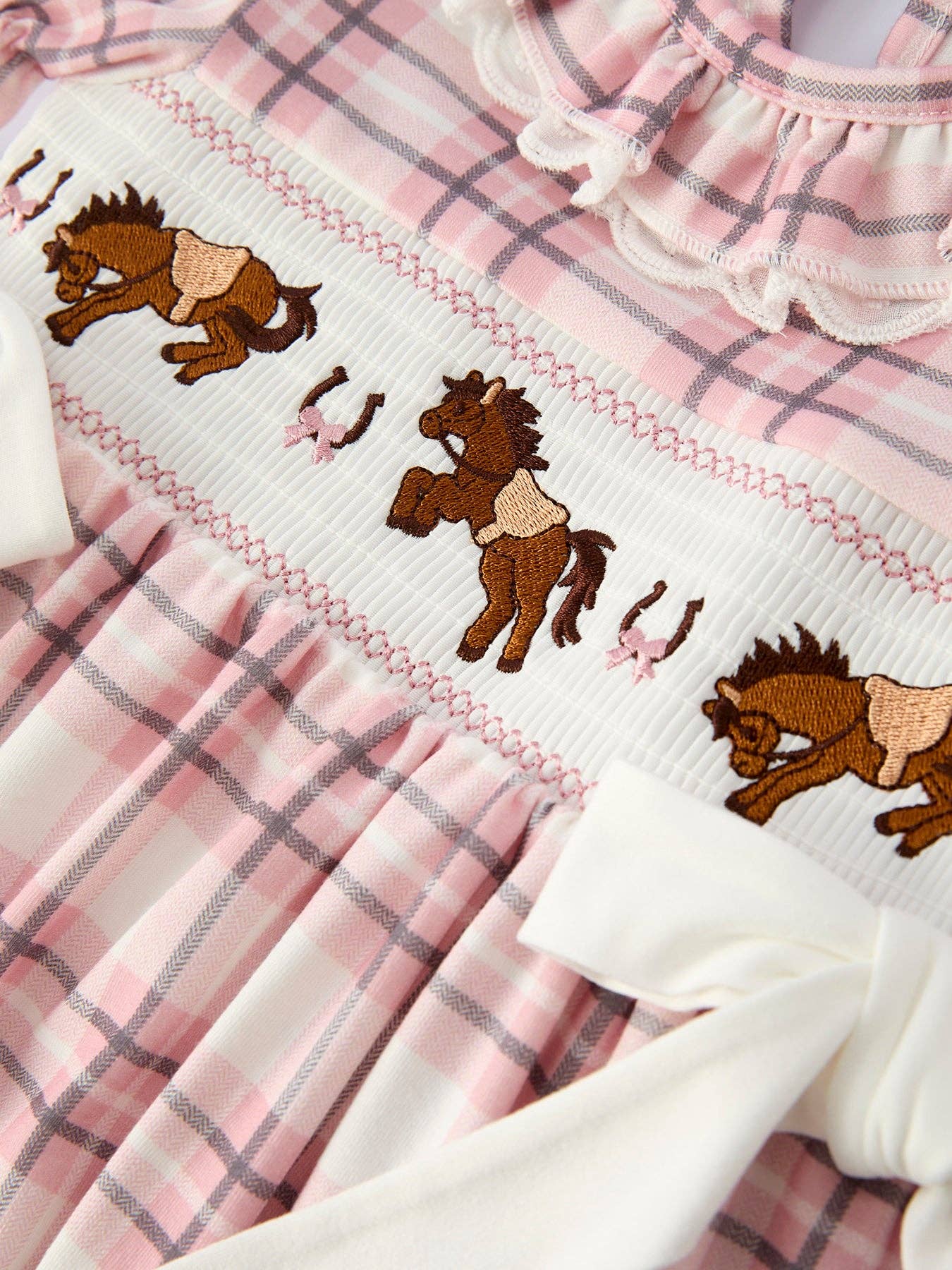 Rylee Faith Designs Western Horse Embroidered Smocked Plaid Girls Dress