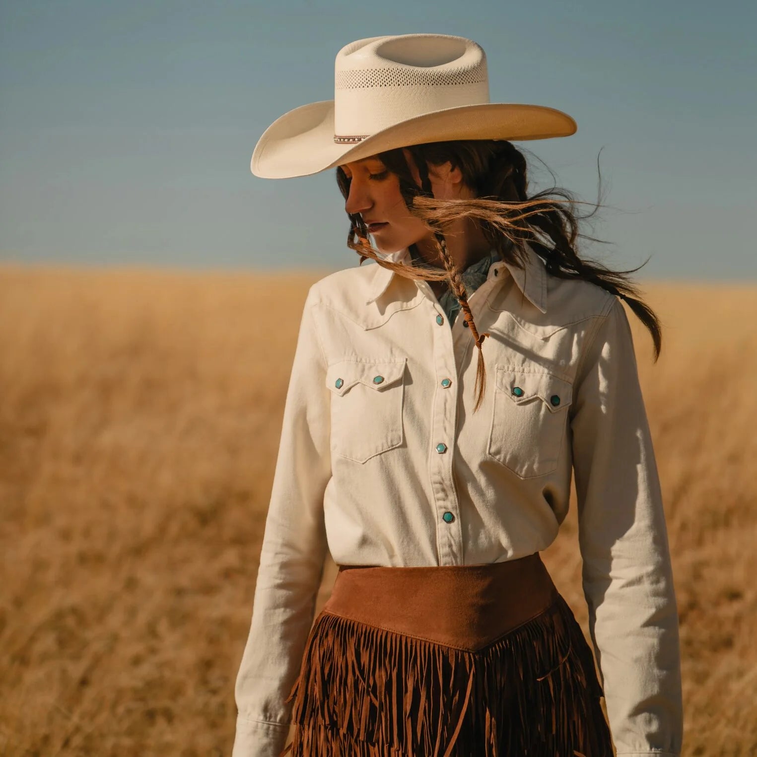Women's Stetson Denim Cream Turquoise Pearl Snap Shirt