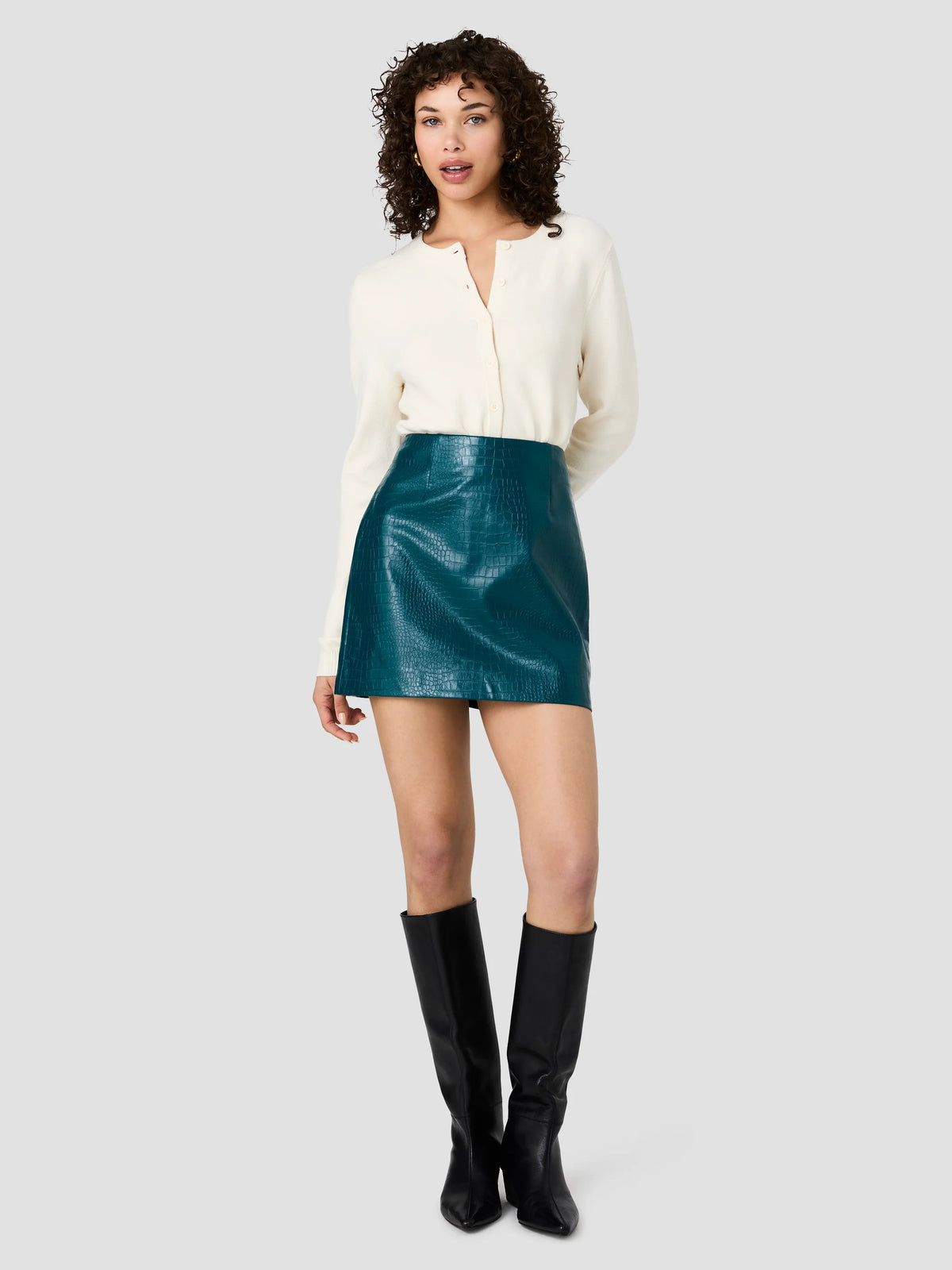 French Connection Faux Croc Leather Mini Skirt Deep Teal