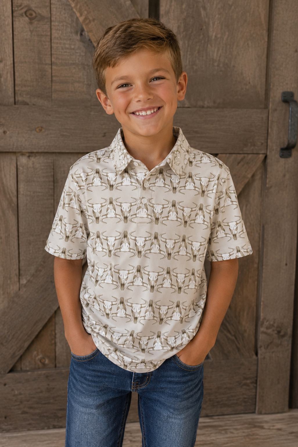 Ferrell Boys Cream Longhorn Pearl Snap Short Sleeve Shirt