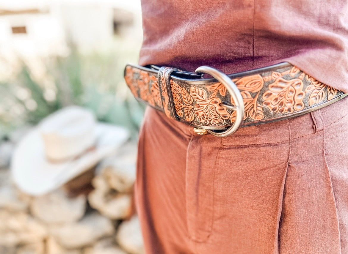 Stetson Women's 58MM Brown Floral Tooled Belt