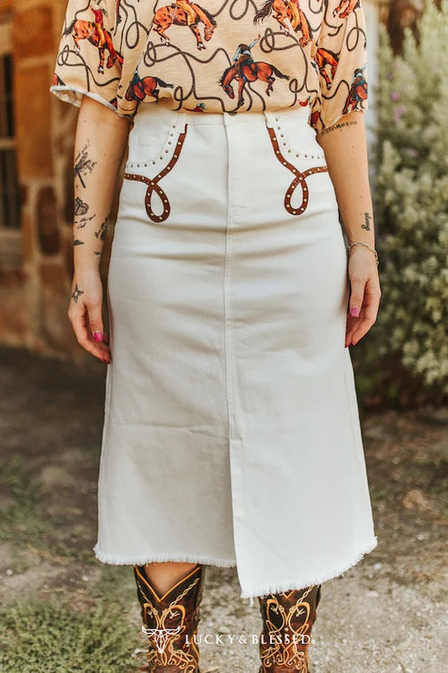 Women's Lucky & Blessed Ivory Stretch Denim Boot-Stitch Embroidered Studded Front Slit Hem Skirt