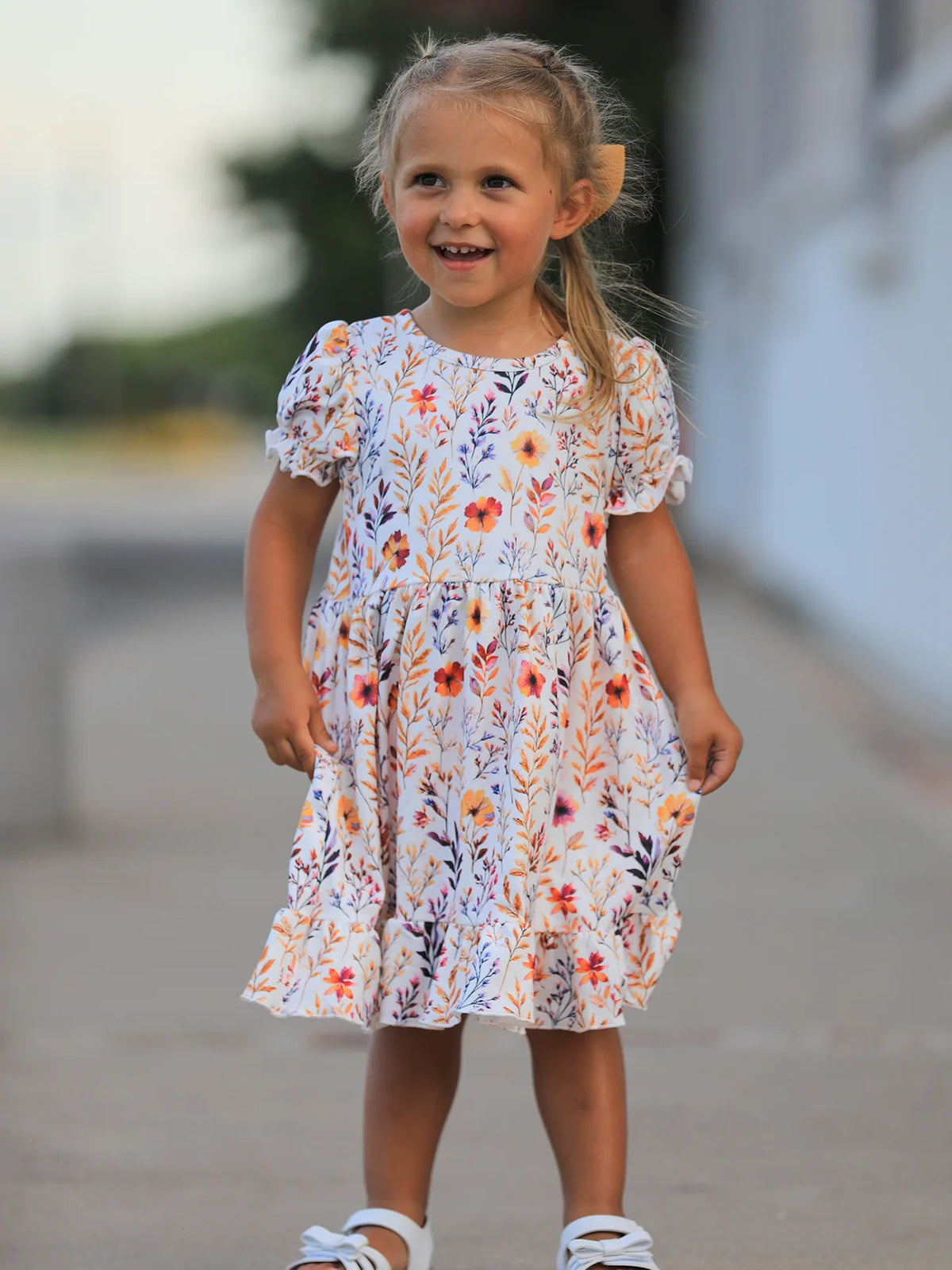 Rylee Faith Designs Fall Floral Puff Sleeve Ruffle Girls Dress