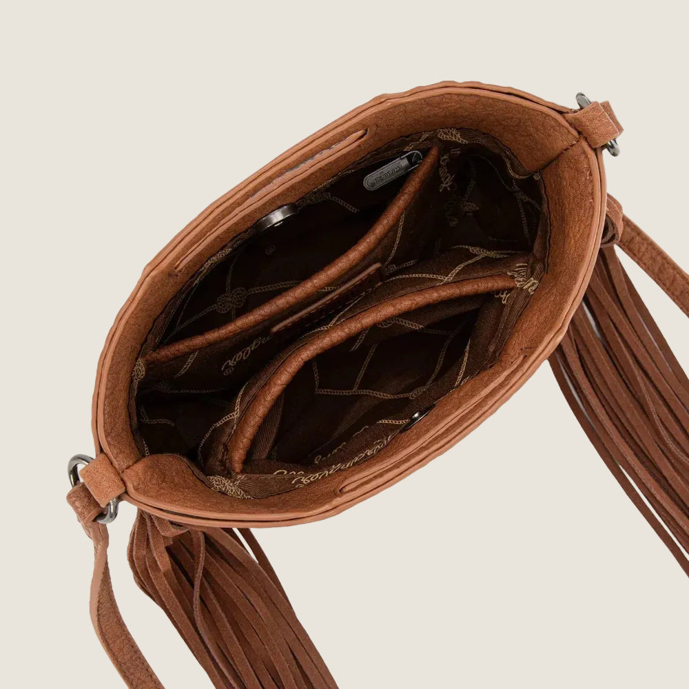 Wrangler Ladies Genuine Cowhide Top Handle Brown Fringe Crossbody