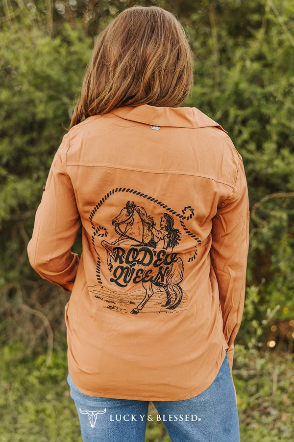 Women's Lucky & Blessed Camel Button Up Embroidery Top