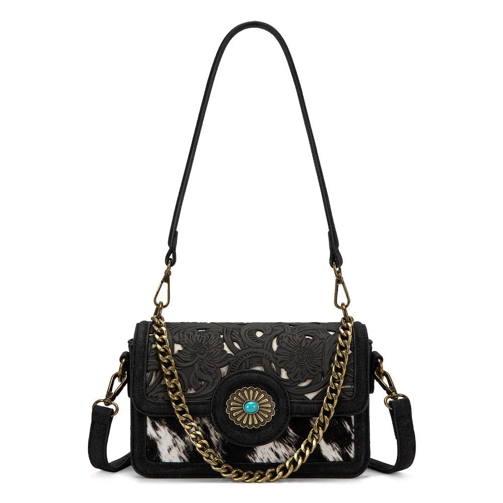Trinity Ranch Cowhide Floral Cutout Crossbody Purse