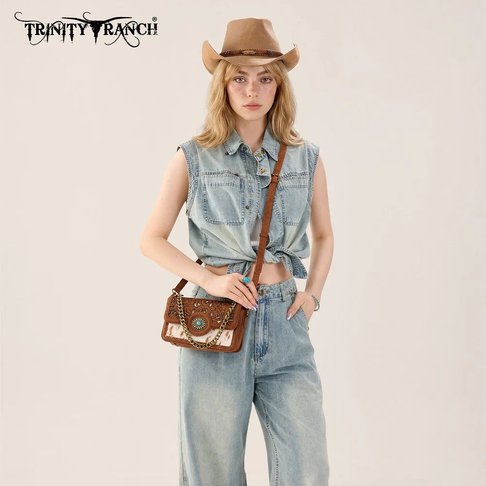 Trinity Ranch Cowhide Floral Cutout Crossbody Purse