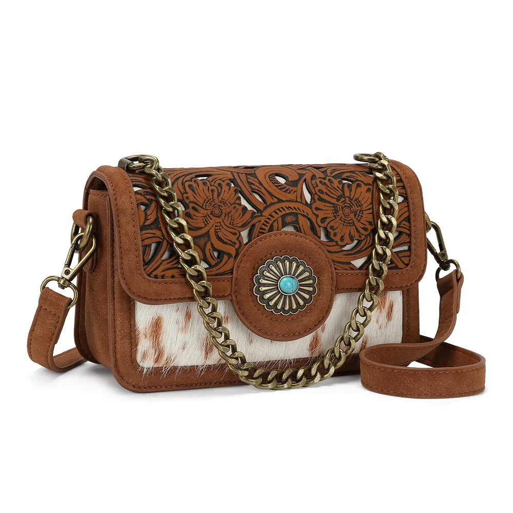 Trinity Ranch Cowhide Floral Cutout Crossbody Purse