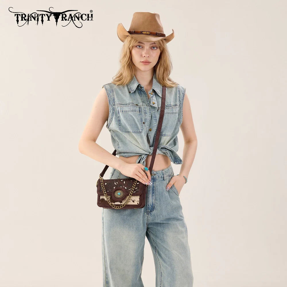 Trinity Ranch Cowhide Floral Cutout Crossbody Purse