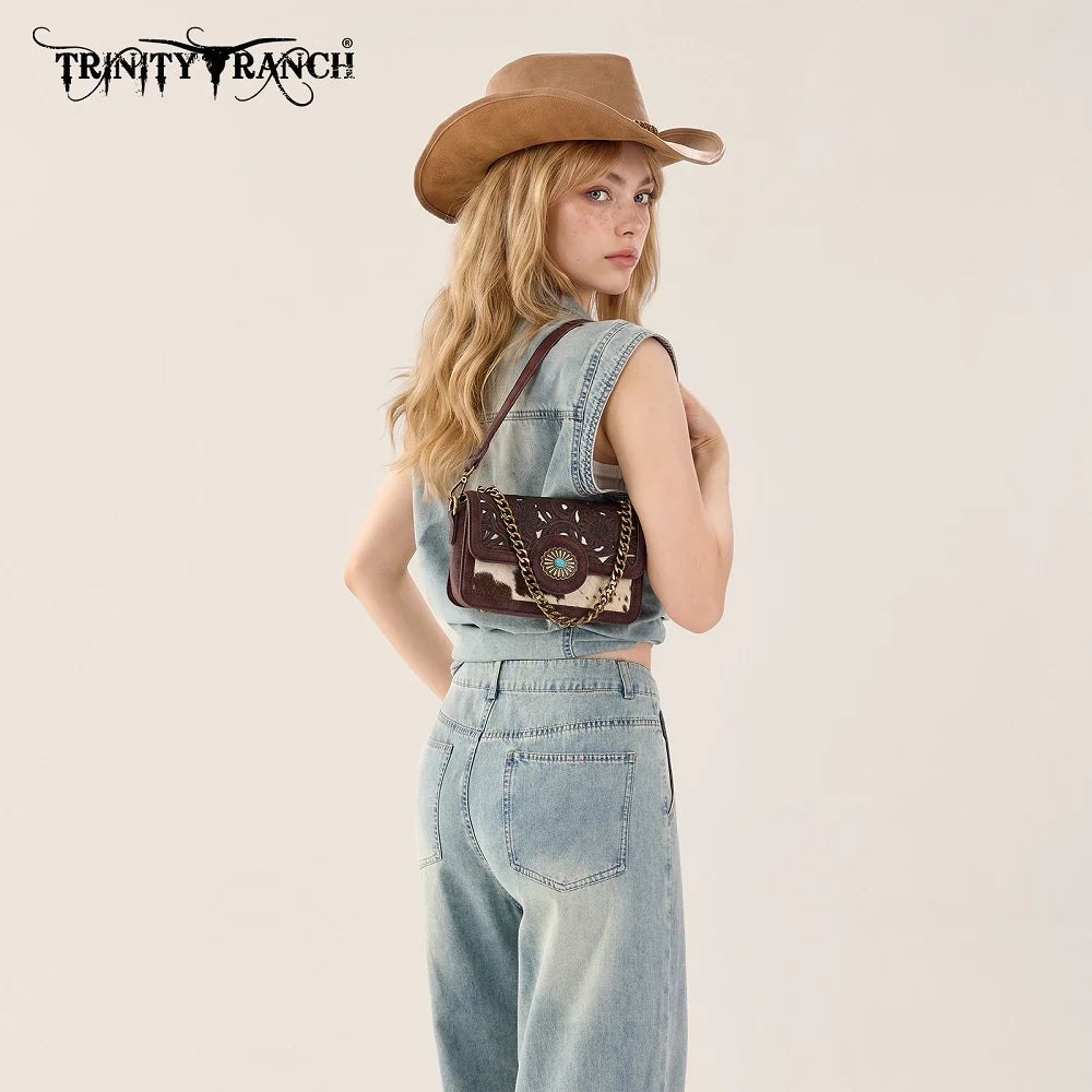 Trinity Ranch Cowhide Floral Cutout Crossbody Purse