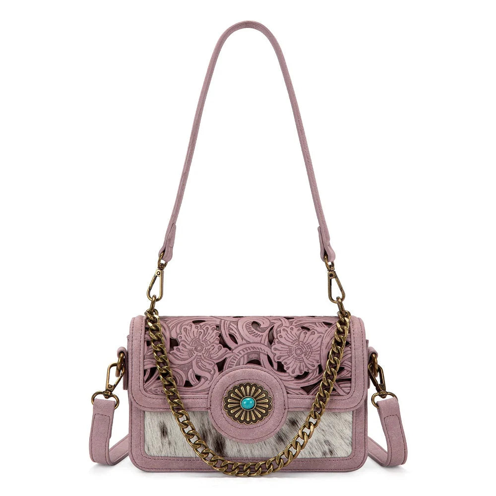 Trinity Ranch Cowhide Floral Cutout Crossbody Purse