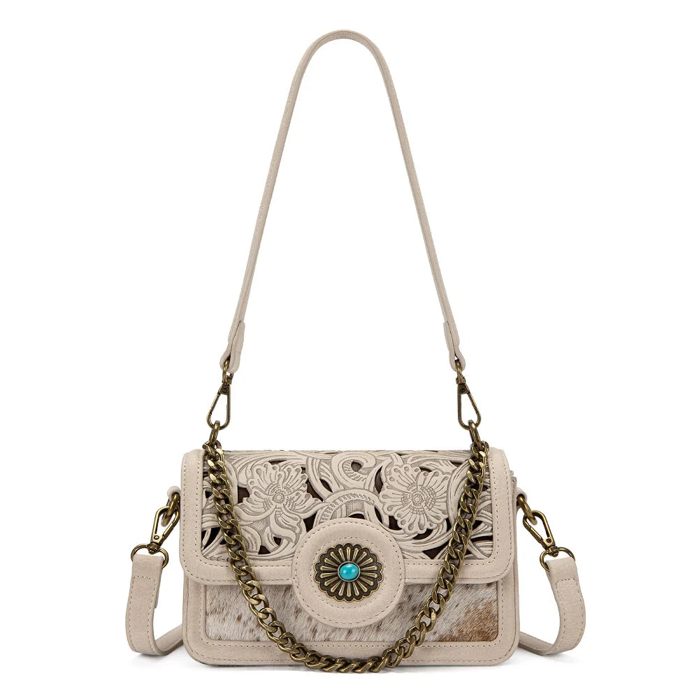 Trinity Ranch Cowhide Floral Cutout Crossbody Purse