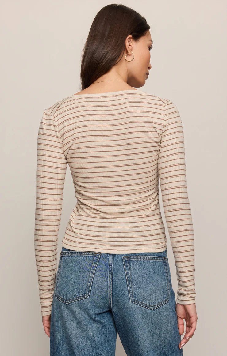 Z Supply Andie Striped Henley Top Light Oatmeal Heather