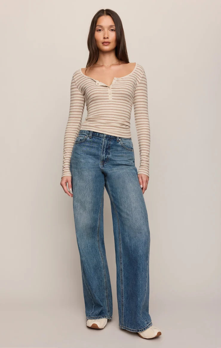 Z Supply Andie Striped Henley Top Light Oatmeal Heather