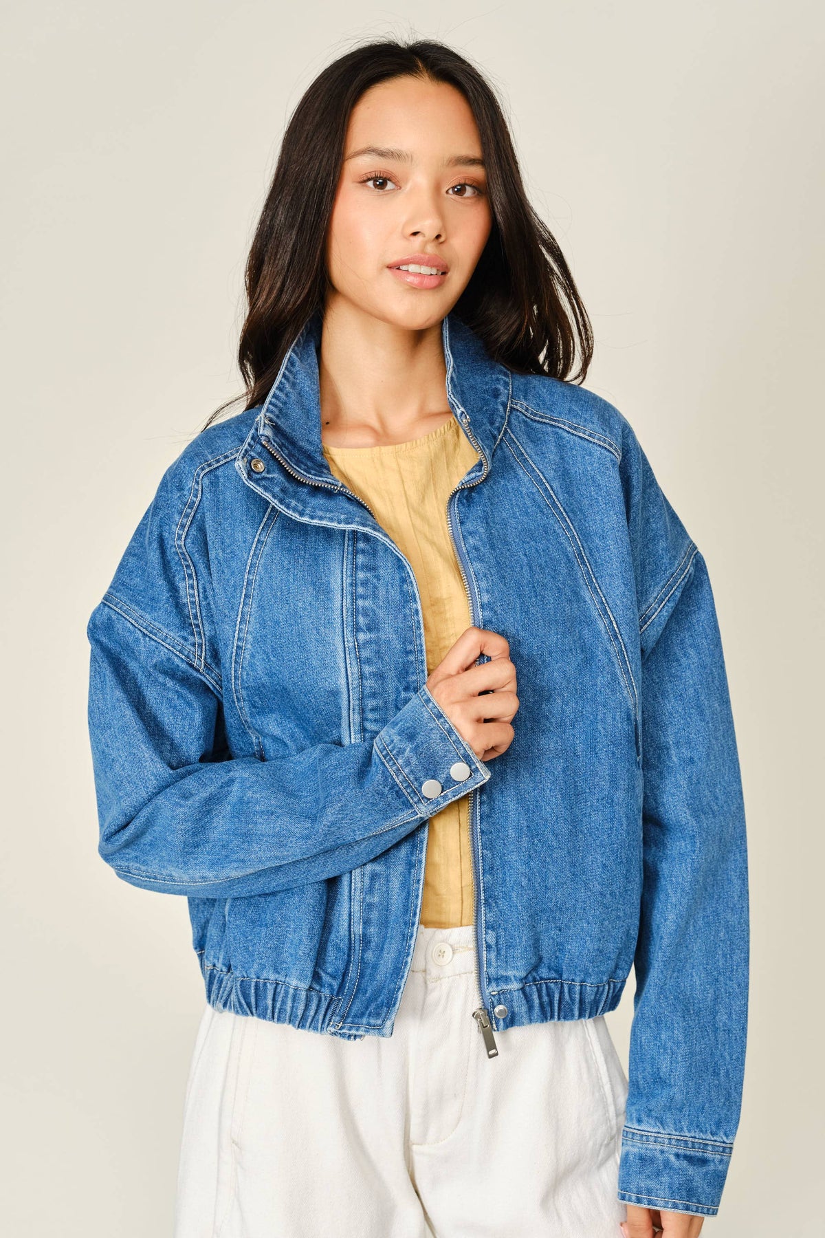 Aaron & Amber WASHED DENIM FUNNEL BOMBER JACKET