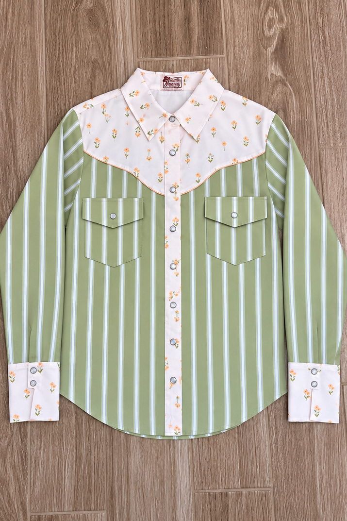 Women's Howdy Hanny Daisy Olive Stripe Pearl Snap Shirt