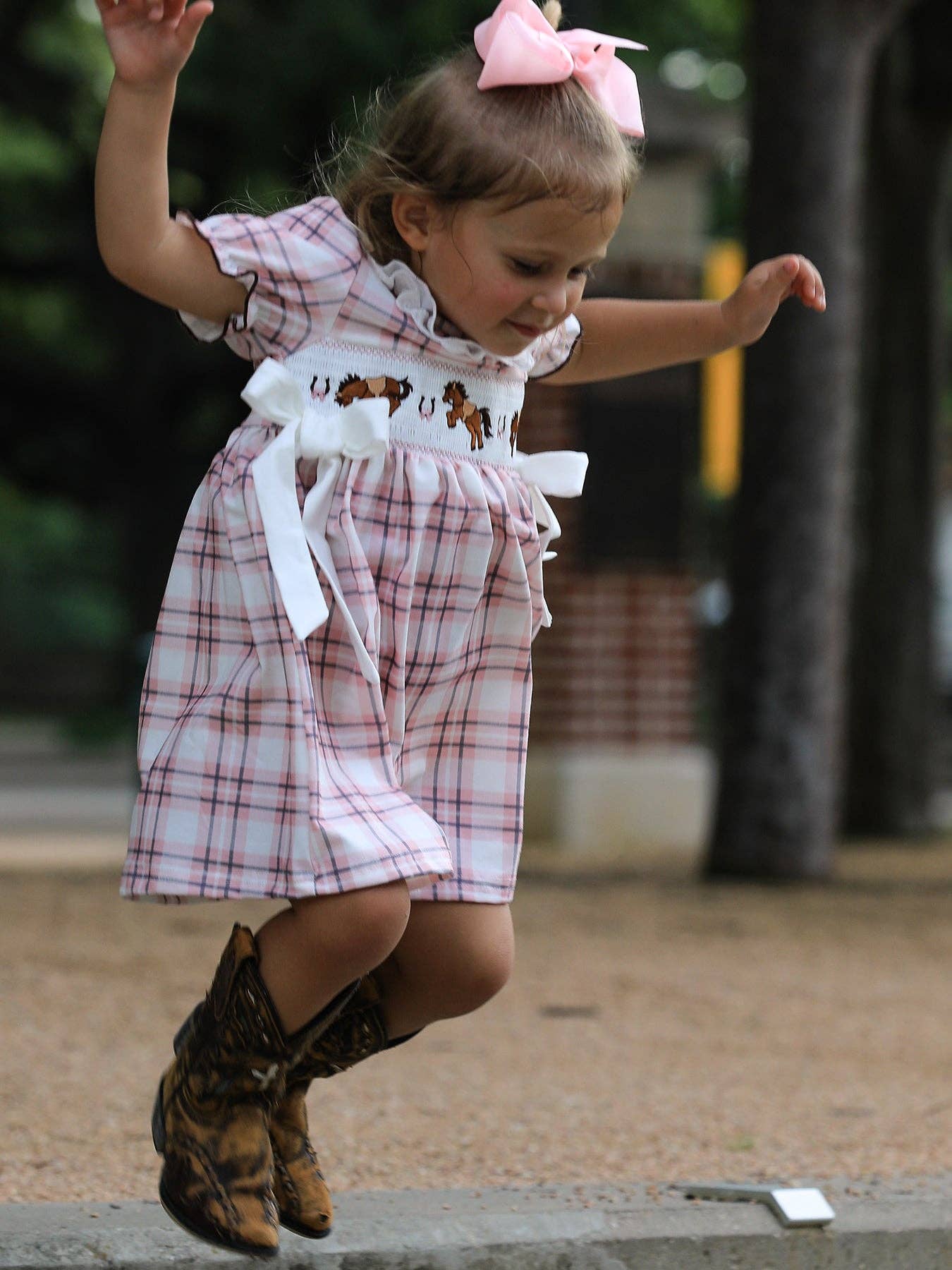 Rylee Faith Designs Western Horse Embroidered Smocked Plaid Girls Dress