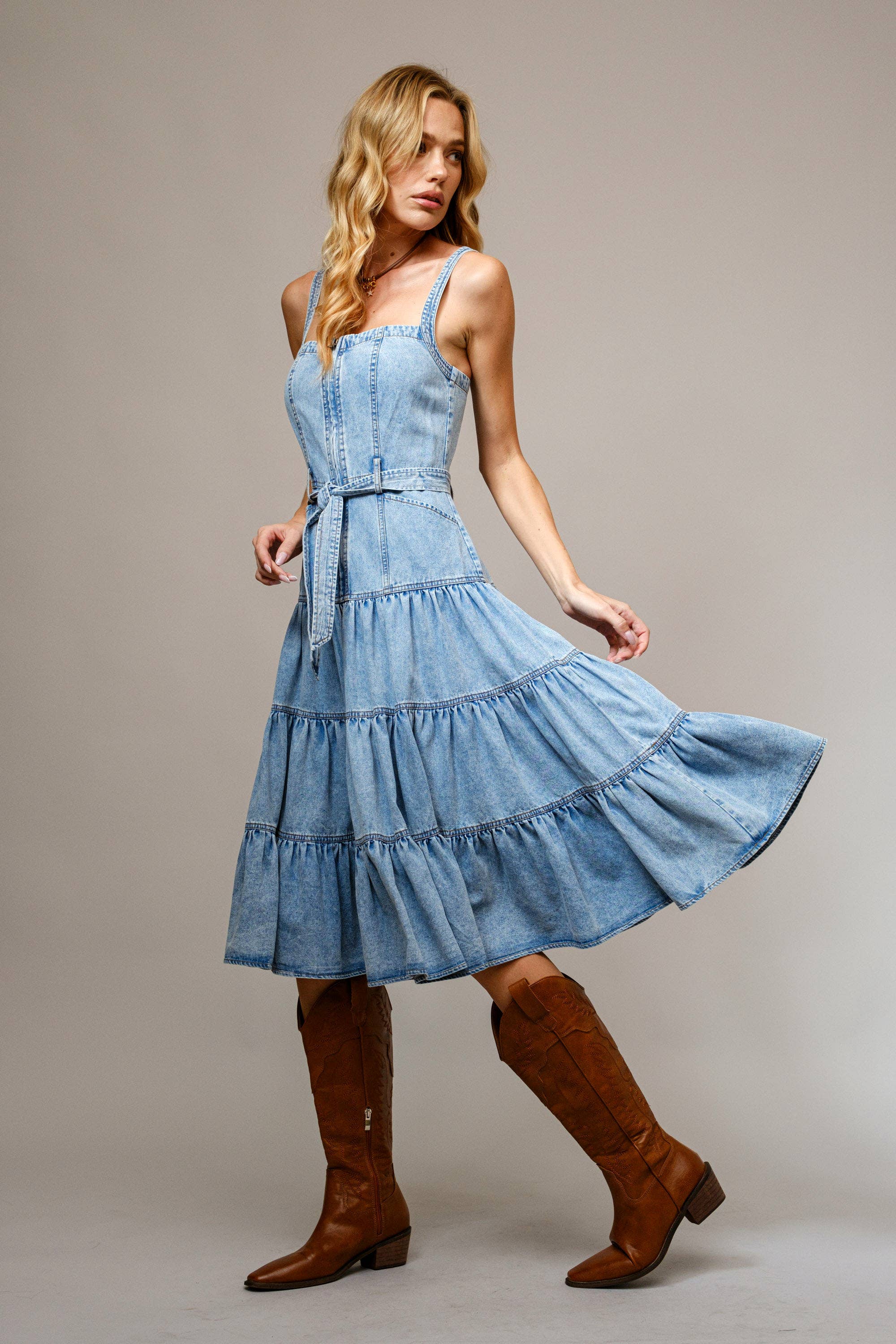 Garment Washed Tiered Zip Midi Dress